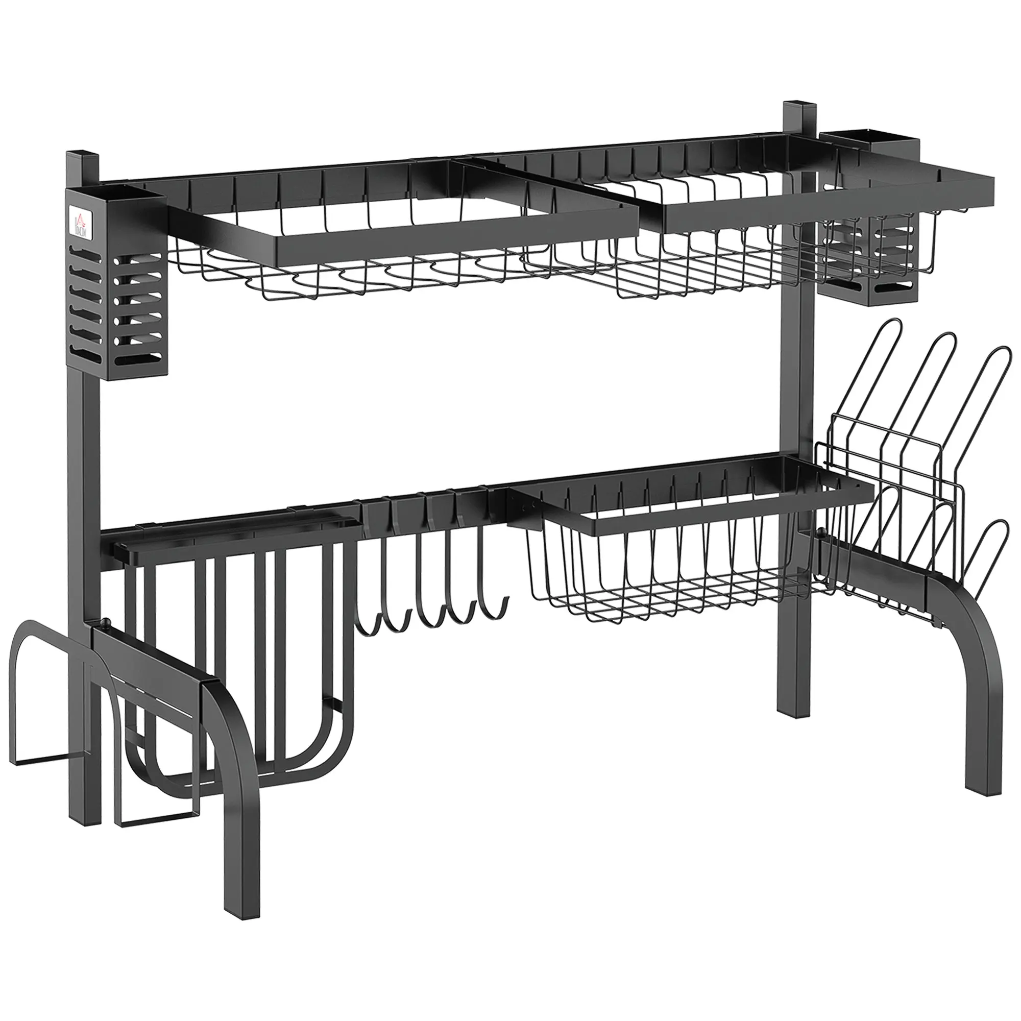 Dish Drying Rack, 2-Tier Dish Drying Stand with Hooks, Plate Rack, Accessories, 81.5 cm Dish Drainer Rack for Kitchen Sink, Steel, Black