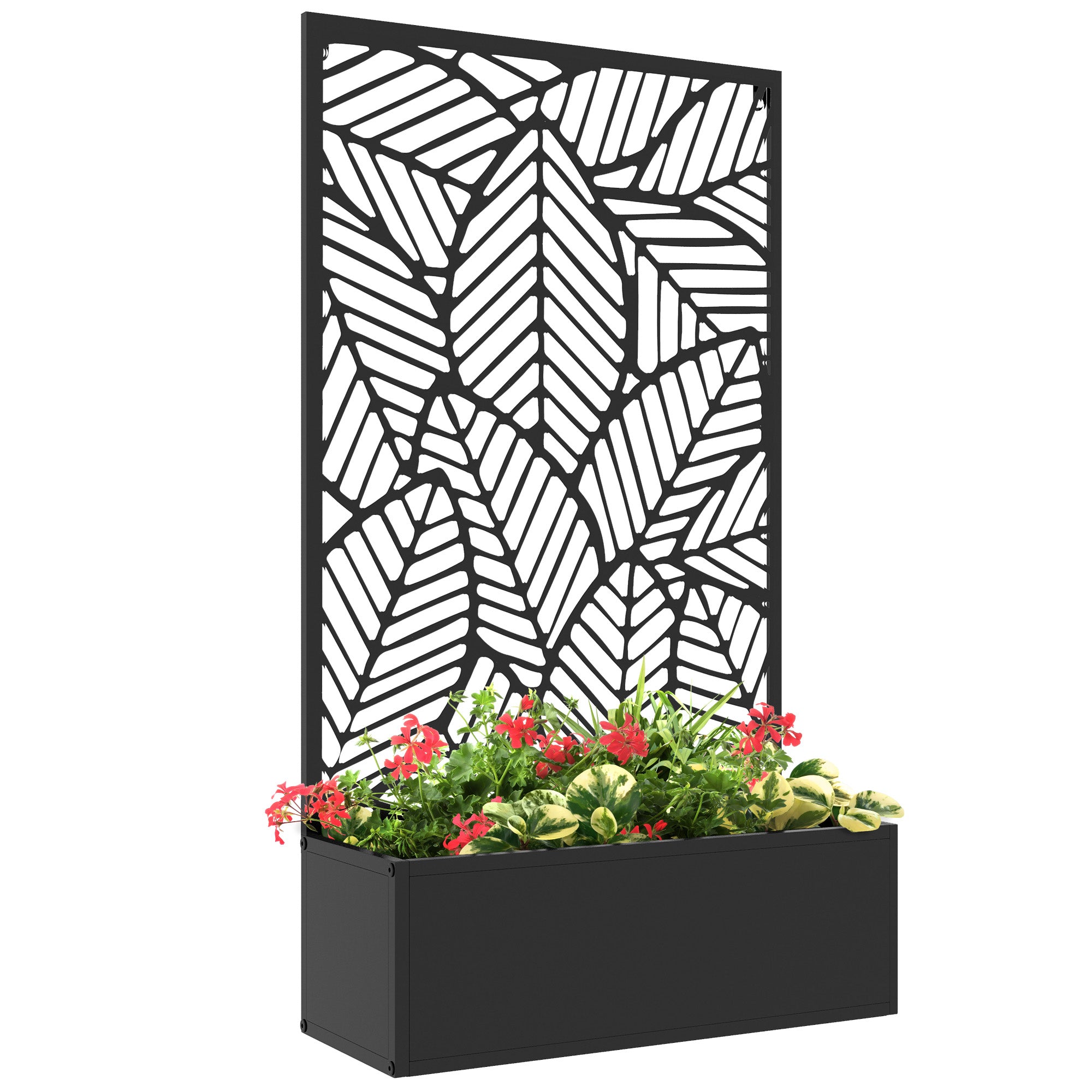 Raised Bed Planter with Trellis Privacy Screen, Metal Flower Box with Leaf Pattern Panel, Wall-Mounted or Freestanding Garden Planter for Balcony, Patio & Terrace, Black, 61 x 23 x 113 cm