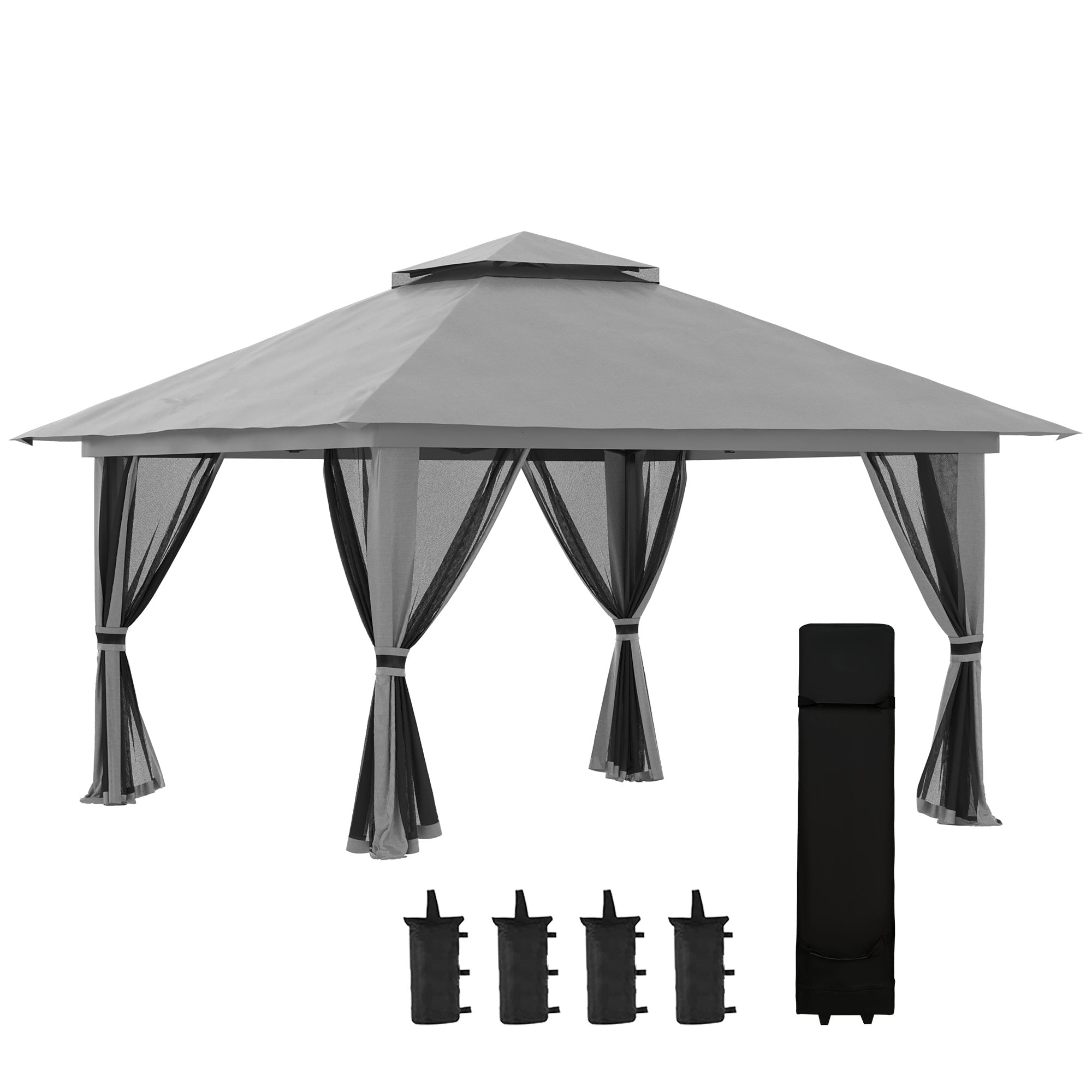 4x4m Pop-up Garden Pavilion with Double Roof, UV50+ Protection, Adjustable Height & Sandbags – Winterproof Party Tent with 4 Side Walls for Camping, Festival, and Outdoor Events, Dark Grey