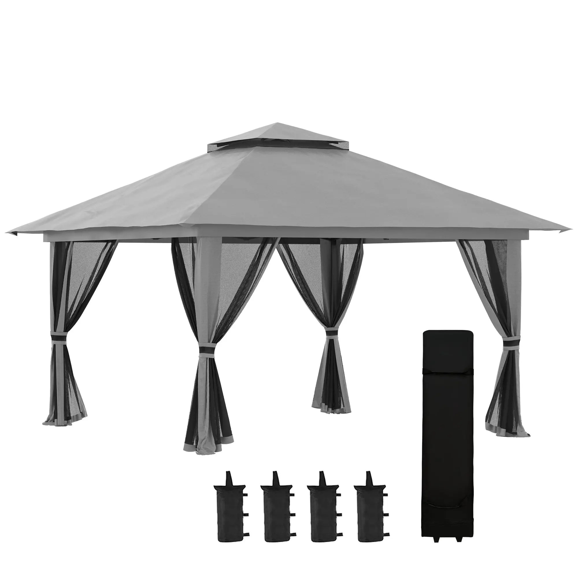 4x4m Pop-up Garden Pavilion with Double Roof, UV50+ Protection, Adjustable Height & Sandbags – Winterproof Party Tent with 4 Side Walls for Camping, Festival, and Outdoor Events, Dark Grey