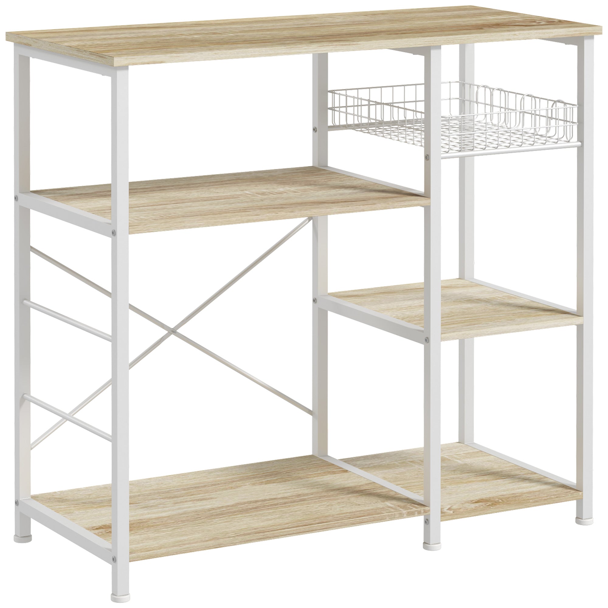 ÉTAGÈRE DE CUISINE MODERNE HOMCOM - Étagère avec 1 Panier, 4 Crochets en S, 6 Pieds Réglables et Étagères 90x40x84,5 cm Chêne et Blanc