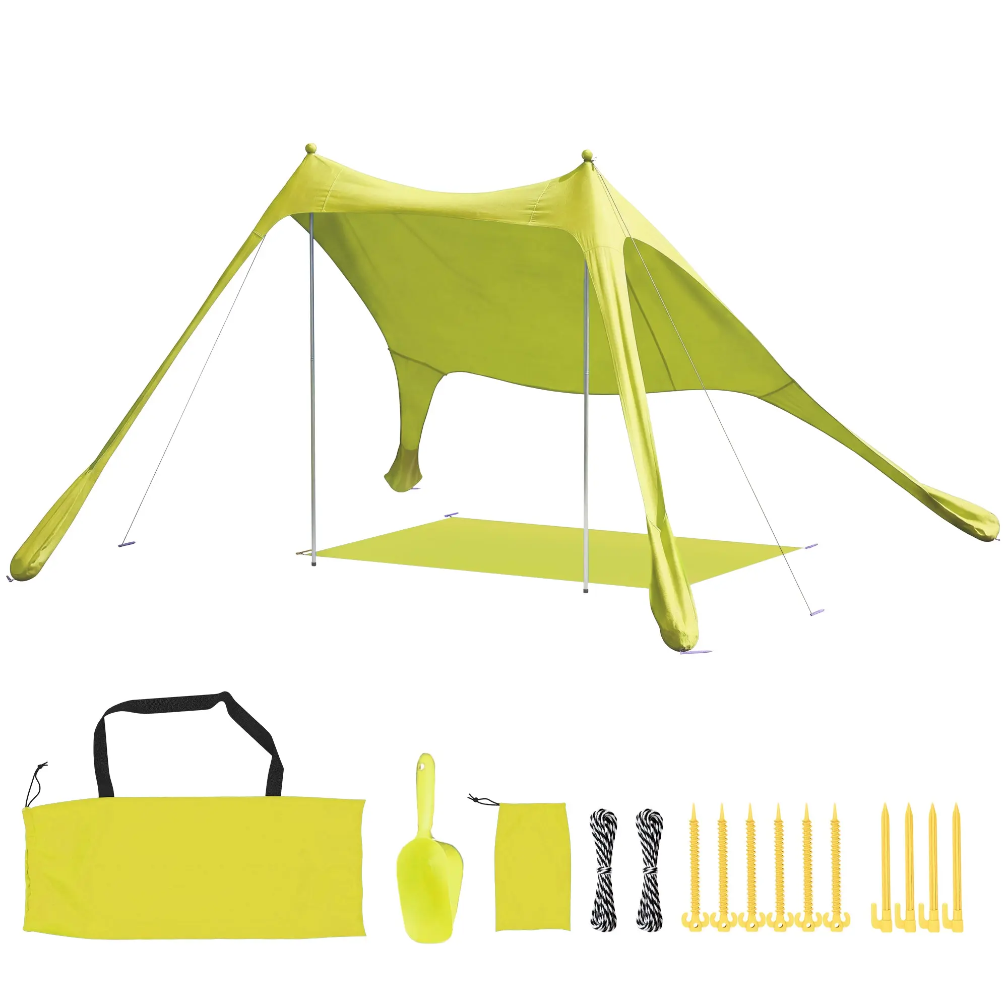 Foldable Beach Canopy 82 x 79 in, Portable Sun Shelter with Mat, UPF50+, Aluminum Poles, Shovel, Stakes & Waterproof Carry Bag, for Camping & Fishing, Yellow-Green