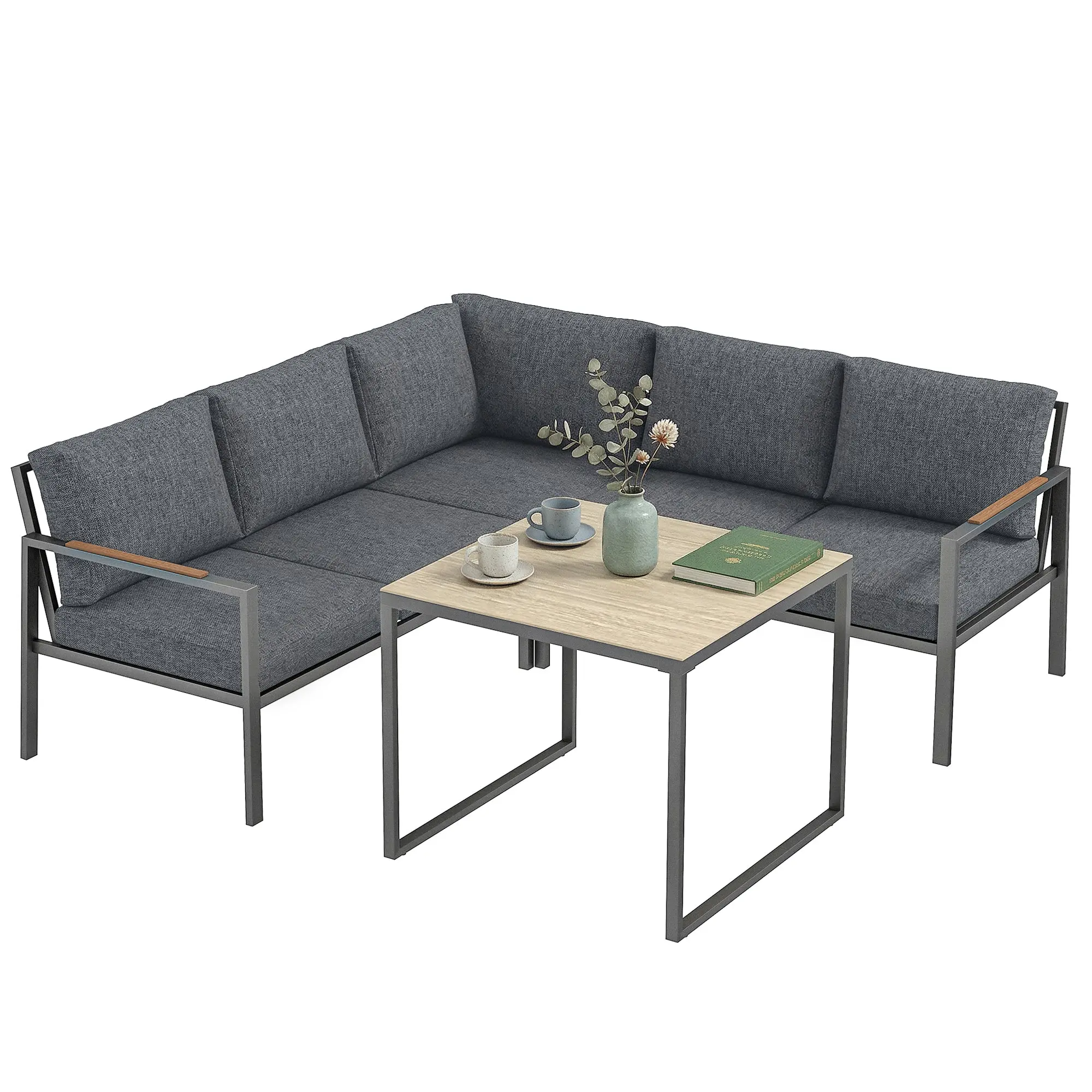 3-Piece L-Shaped Outdoor Sofa Set for 5 — Thick Removable Cushions & Glass-Top Coffee Table, Dark Gray