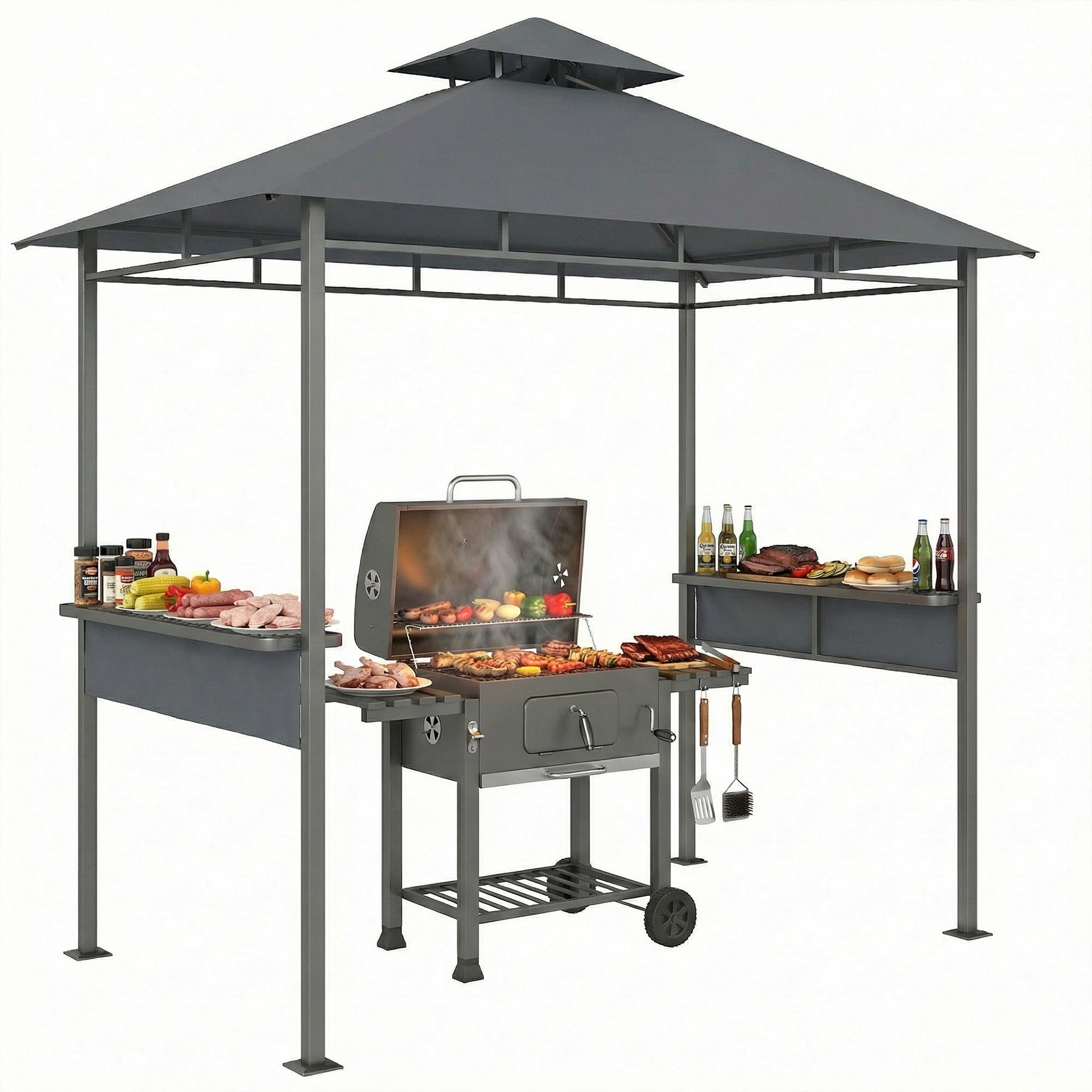 Outsunny Grill-Pavillon 2,45 x 1,46 m — Windgeschützte Grillüberdachung mit Doppel-Dachentlüftung, Ablagen, UV-beständig, Dunkelgrau