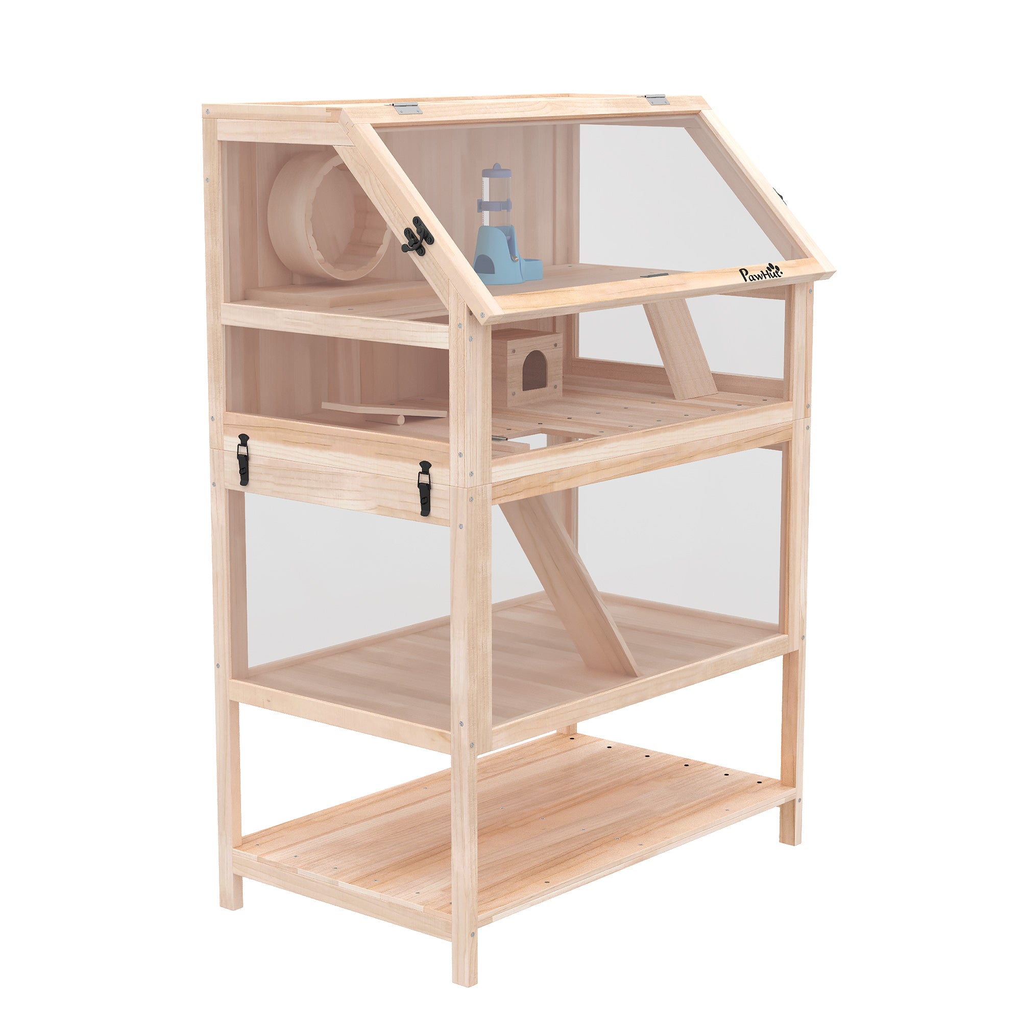 PawHut 3patrová dřevěná klec pro křečky, 80 x 53 x 117 cm — klec pro malé hlodavce s vyjímatelným podnosem, úložnou polici, tichým kolem, rampami, napáječkou a domečkem — přírodní dřevo