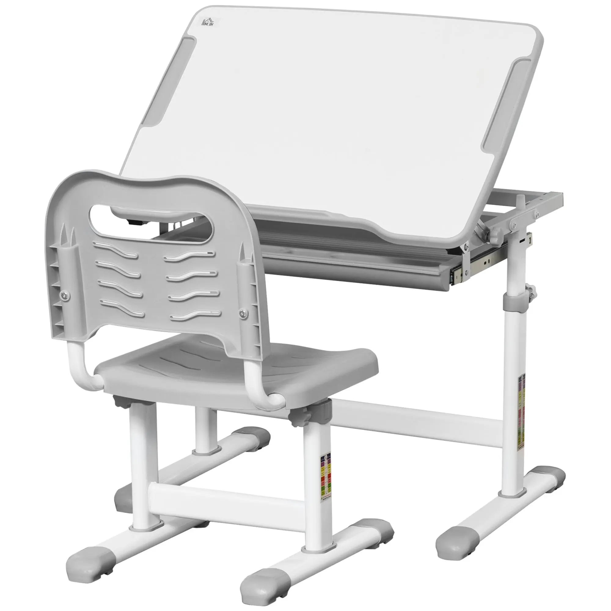 Adjustable Height School Desk for Children 6-12 Years, Desk and Chair Set with 45° Tiltable Desktop, Drawer, 2 Pen Holders, and Hook, Gray