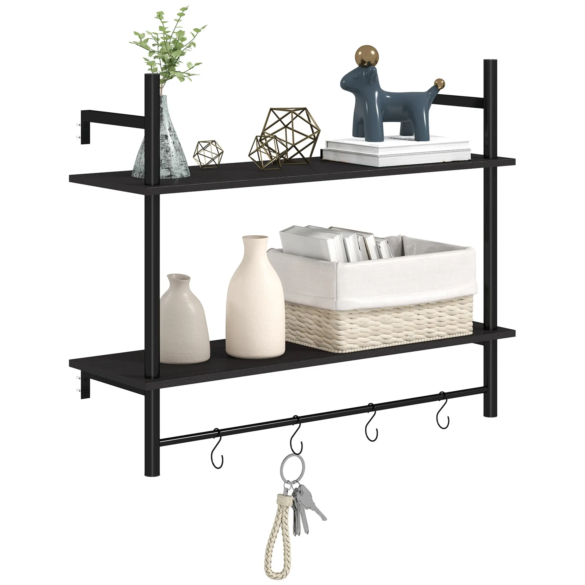 2-Tier Wall Shelf Floating Wall Shelves with 4 Hooks, 2 Shelves, and Steel Frame for Entryway Living Room Bedroom 80x24x65 cm Black
