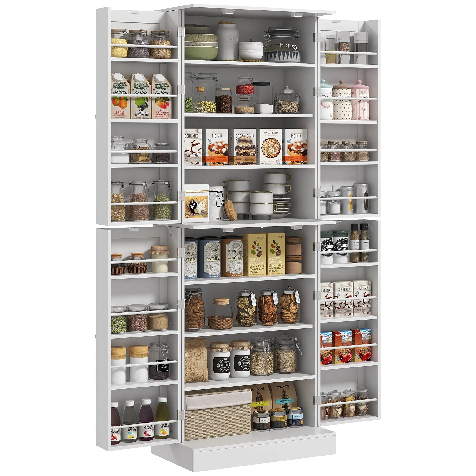Kitchen Cabinet Buffet Sideboard Storage Cabinet with Adjustable Shelves & Spice Rack, Modern Style Cupboard for Dining Room or Living Room, 60 x 35 x 166 cm, White