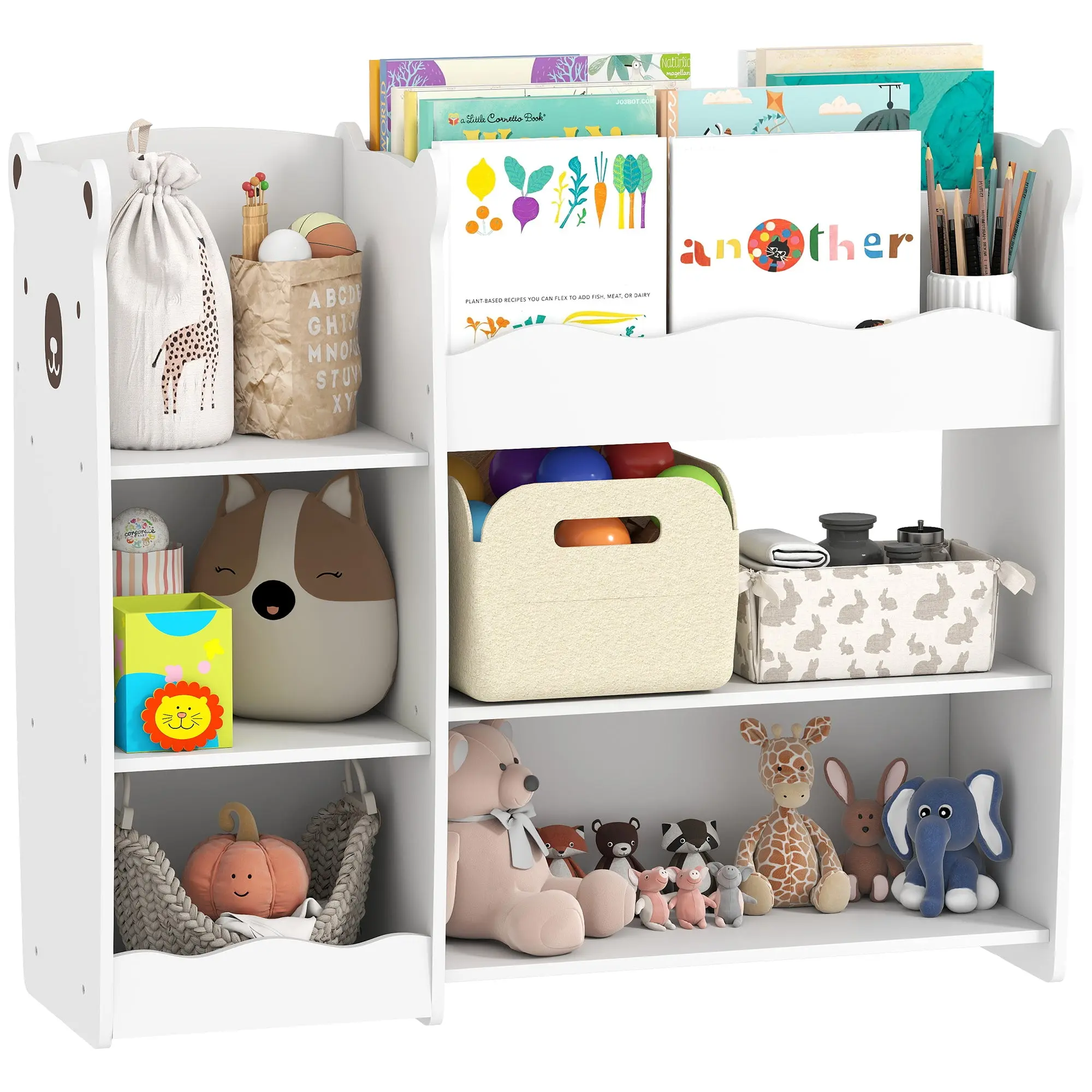Kids Toy Shelf with Open Shelves, Compartments & Bear Motif — White
