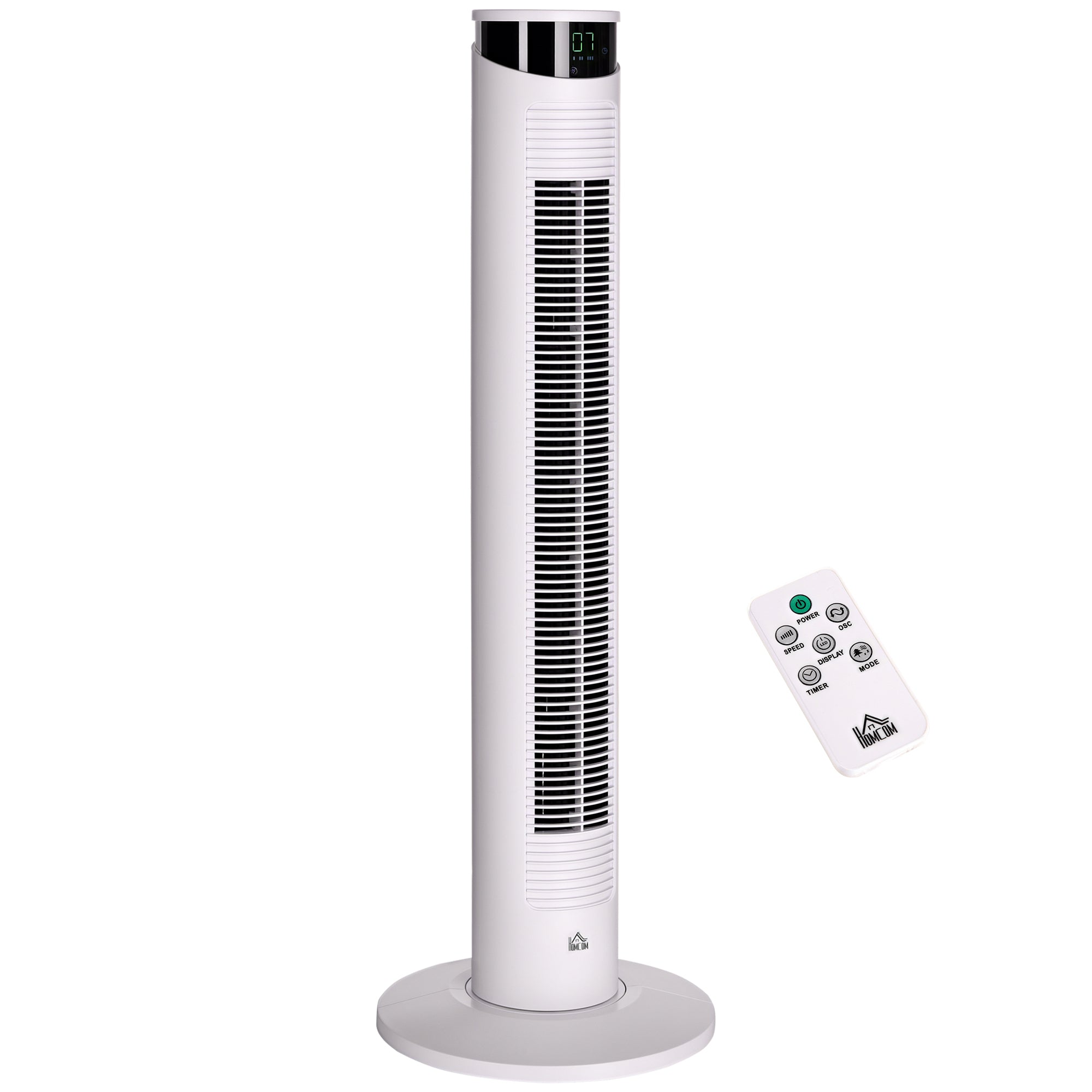 HOMCOM Stojni ventilator nizke porabe 45W z daljinskim upravljanjem, 12-urna nastavitev časa, 3 hitrosti, 3 načini, LED zaslon in ročaj za transport za spalnico Ø31,5x93 cm Bela