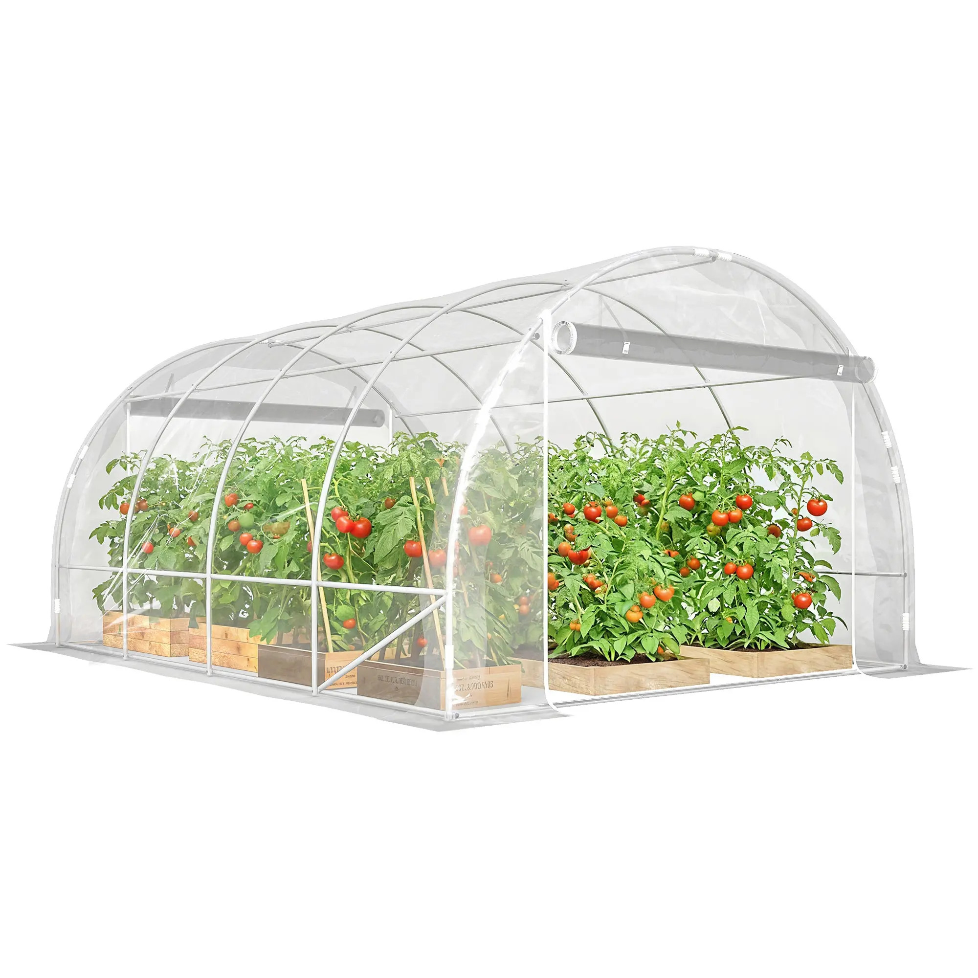 3×4×2 m Tunnel Garden Greenhouse with 2 Roll-Up Doors — Steel Frame, UV-Resistant PE Cover, 4 Diagonal Braces, Transparent