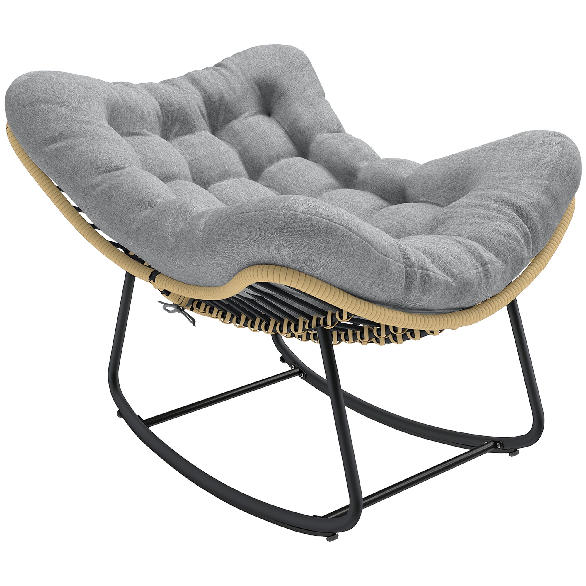 Fauteuil à bascule en rotin Outsunny avec coussin épais – Intérieur/extérieur, capacité 120 kg, 87 x 110 x 70 cm (gris)