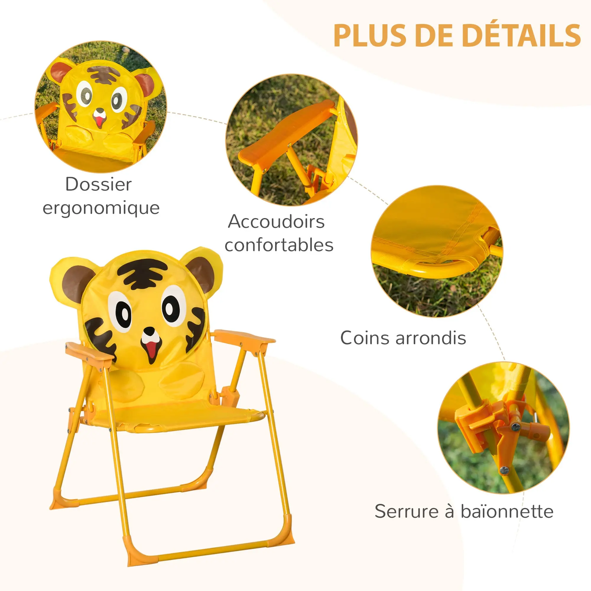 Children's Garden Lounge Set 4 pcs Tiger Design - Round Table + 2 Folding Chairs + Parasol - Epoxy Metal Oxford Yellow