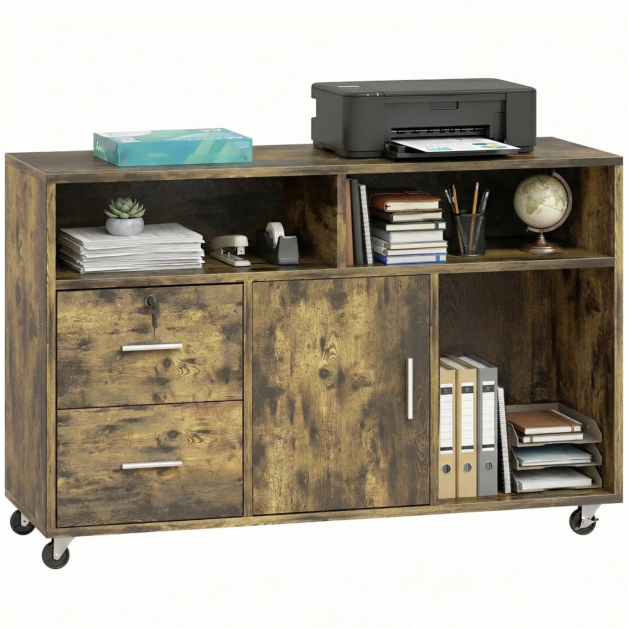 Printer Cart on Wheels with 2 Lockable Drawers, 3 Shelves & Cabinet — Rustic Brown, 39.4 x 13.8 x 25.6 in