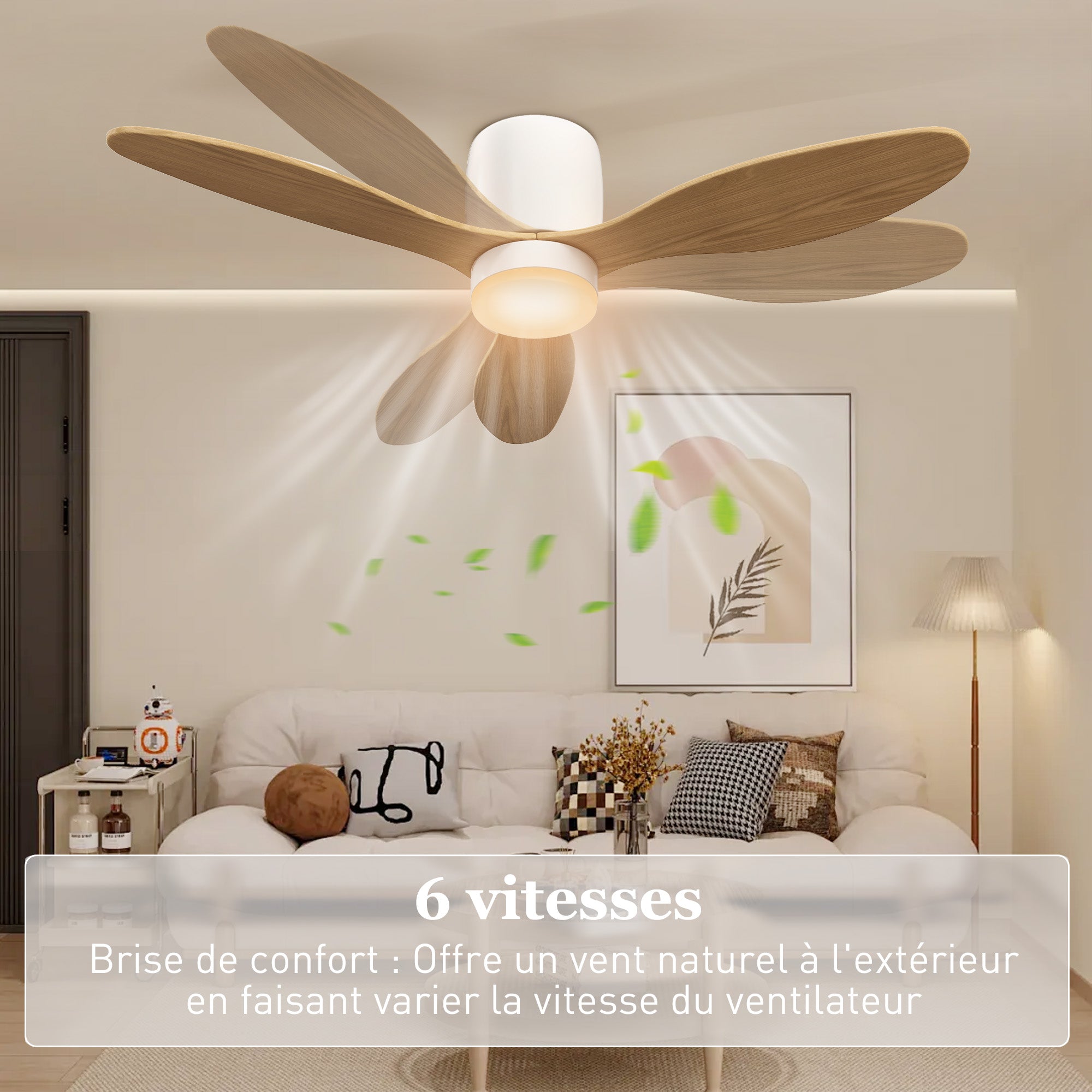 Ceiling Fan with Light and Remote Control 50W, Silent and Reversible 115cm Ceiling Fan with 3 Blades 6 Speeds Adjustable Brightness Timer, for Bedroom Living Room, Natural Wood