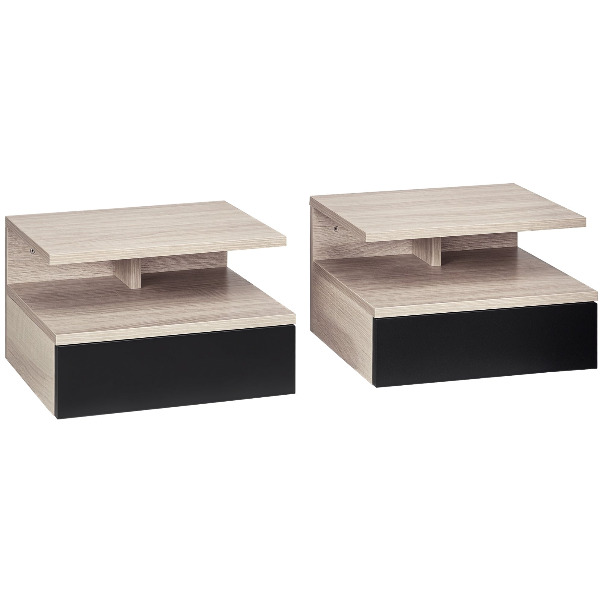 HOMCOM Sada 2 Floating Nočních Stolků Závěsných Nočních Stolků s 1 Šuplíkem a Otevřenou Policí do Ložnice 35x32x22,5 cm Dub a Černá