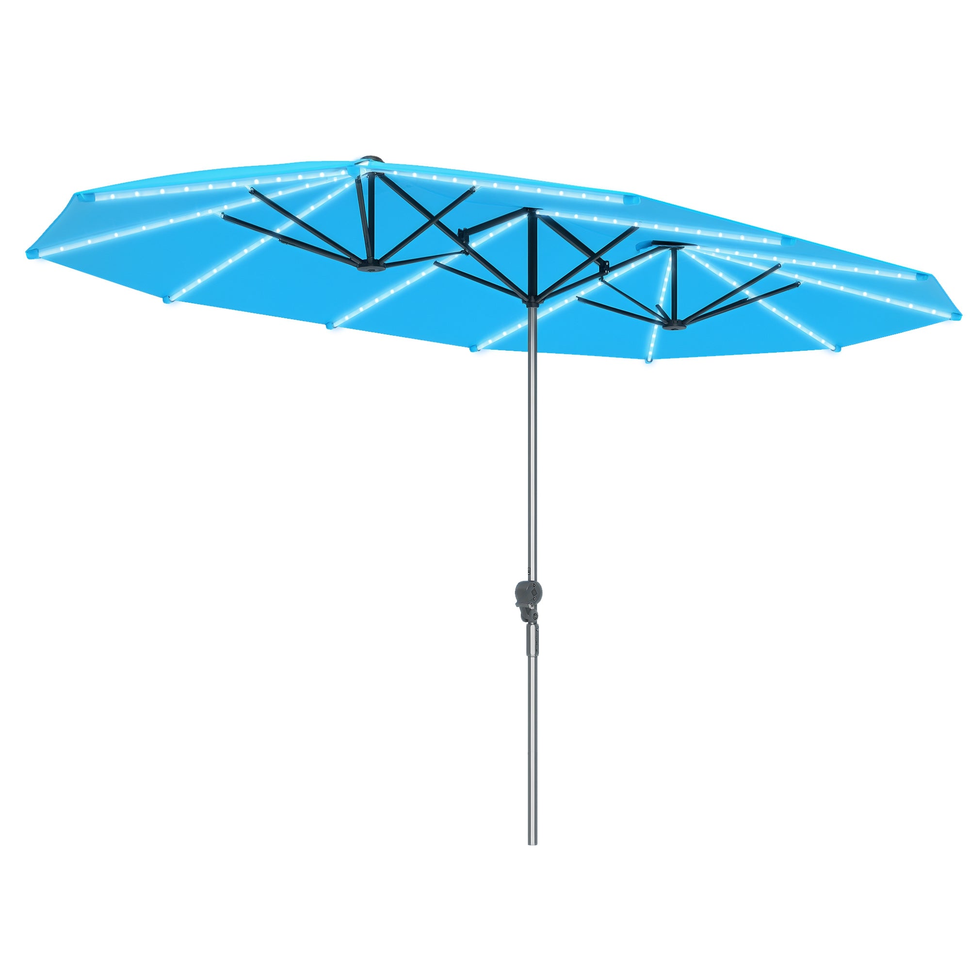 Double Sun Umbrella with Solar LED Lights 451x267 cm Aluminum UV 50+ Sun Umbrella with Hand Crank Fiberglass Ribs, Balcony Umbrella Windproof Market Umbrella Sun Protection for Balcony Garden Blue