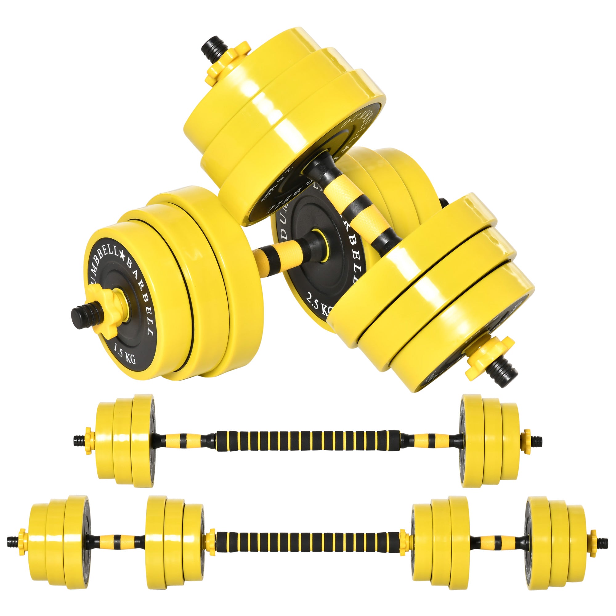 HOMCOM 25 kg Kurzhantel & Langhantel, Verstellbares ergonomisches 3-in-1 Kurzhantel Set, 12 × Gewichte, 2 × kurze Stangen, 1 × lange Stange, Gelb+Schwarz