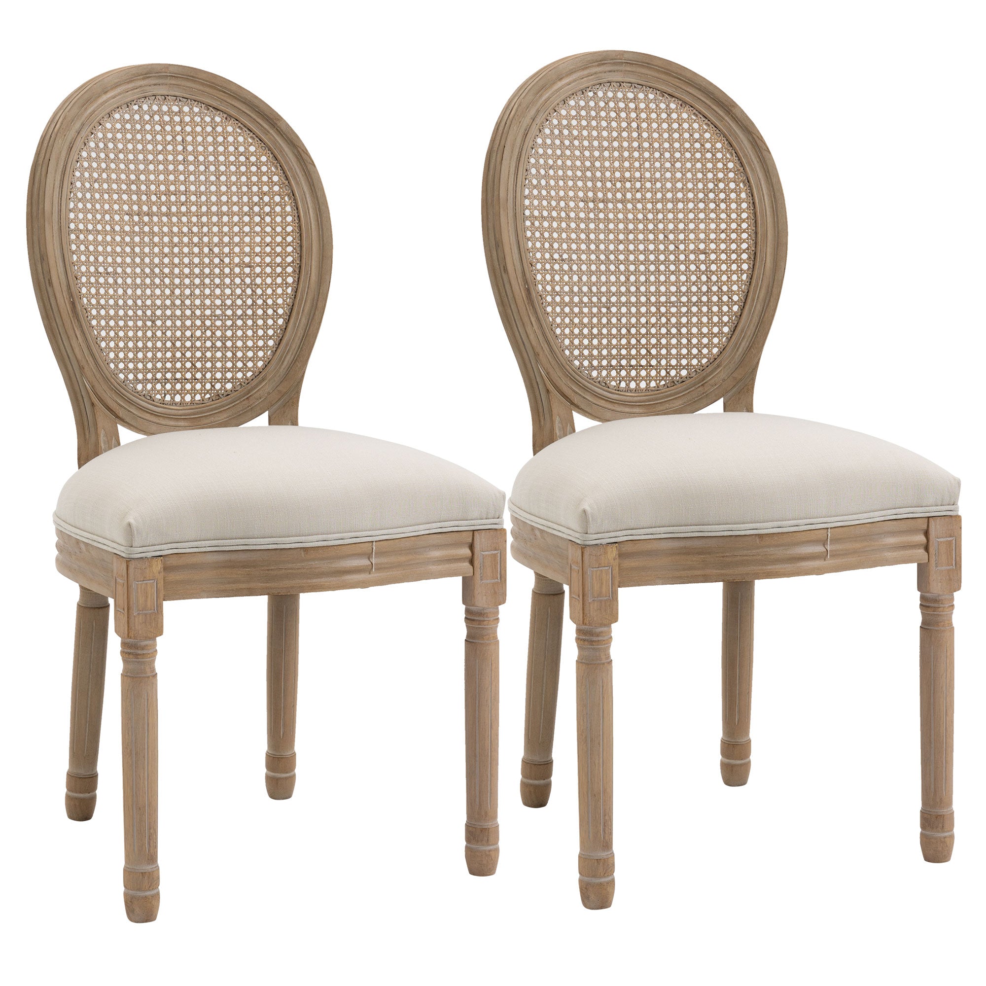 HOMCOM Dining Chairs Set of 2 French Style Rattan Dining Chair Upholstered Kitchen Chair with Solid Wood Legs Linen Look Seat for Dining Room Living Room Cream White Natural