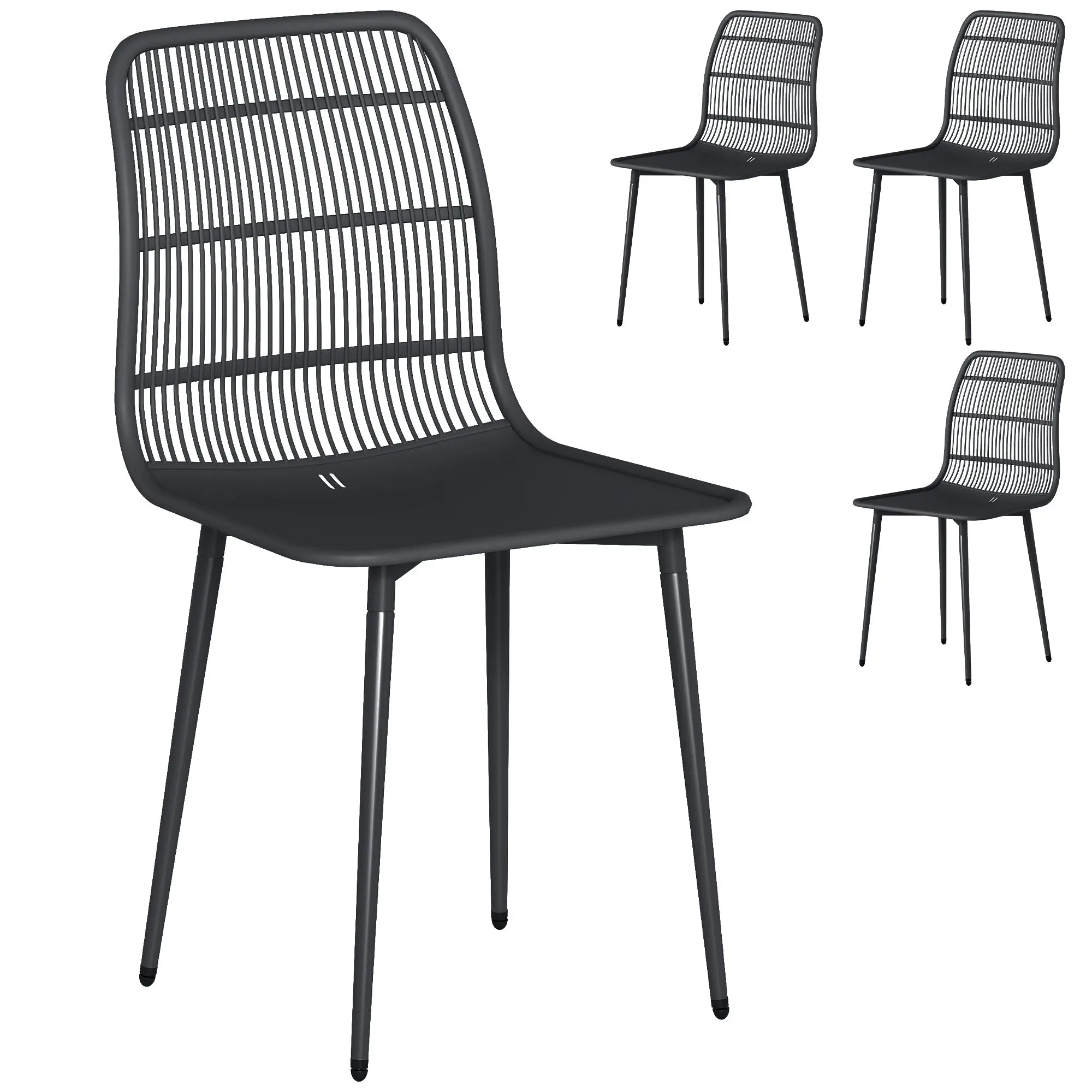 Set of 4 Outdoor Dining Chairs — Ergonomic Back, UV-Resistant PP, Metal Frame, Patio/Balcony/Terrace, 46 x 51 x 84.5 cm (18.1 x 20.1 x 33.3 in), Black