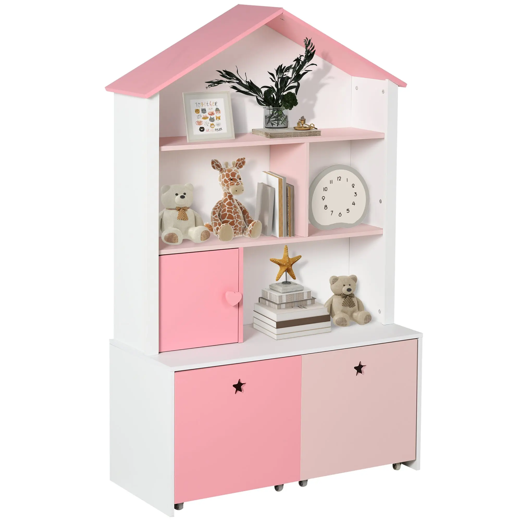 Wooden Children's Bookcase Shelf with 4 Compartments, 1 Door, and 2 Removable Drawers with Wheels for Books Toys 80x34x130 cm Pink and White