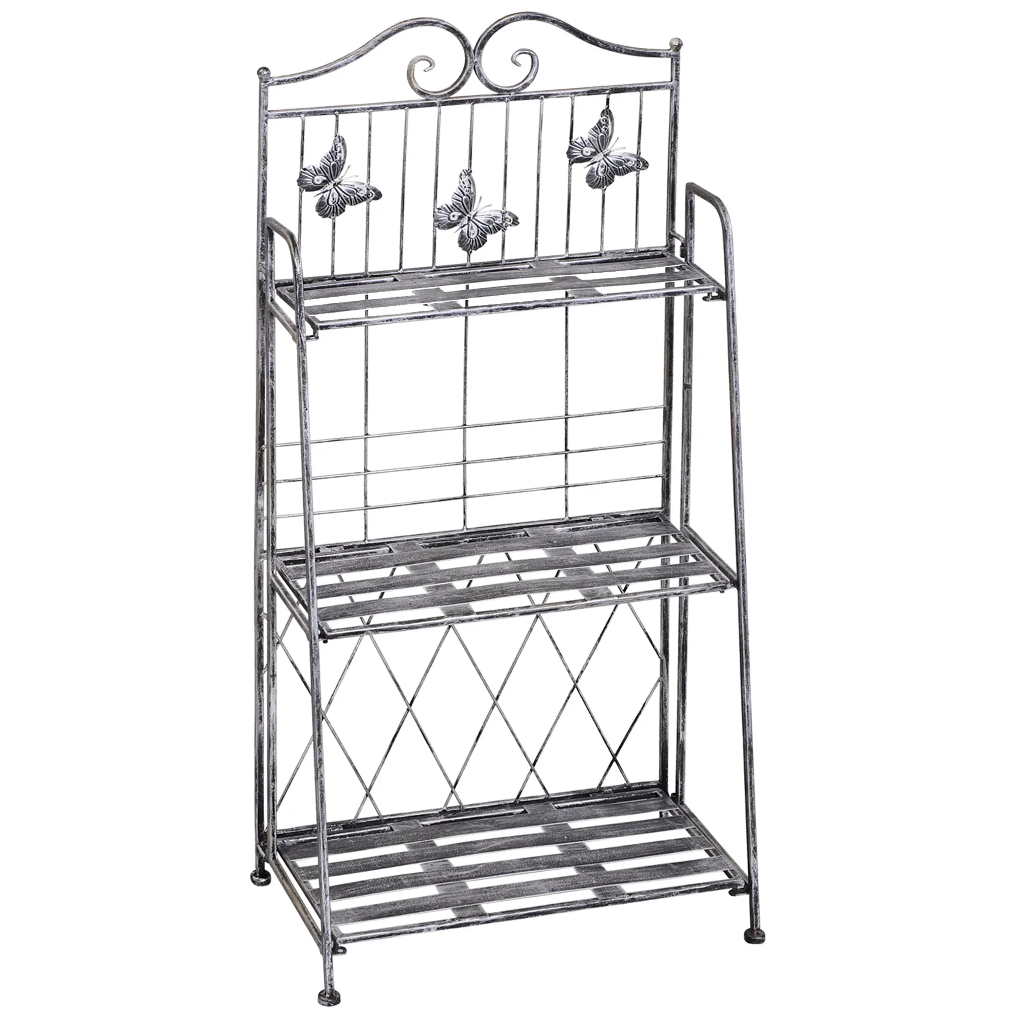 3-Tier Folding Plant Stand Plant Shelf for Outdoor Use like Balcony, Terrace, or Garden Metal Flower Stand Flower Ladder Garden Shelf Silver Gray