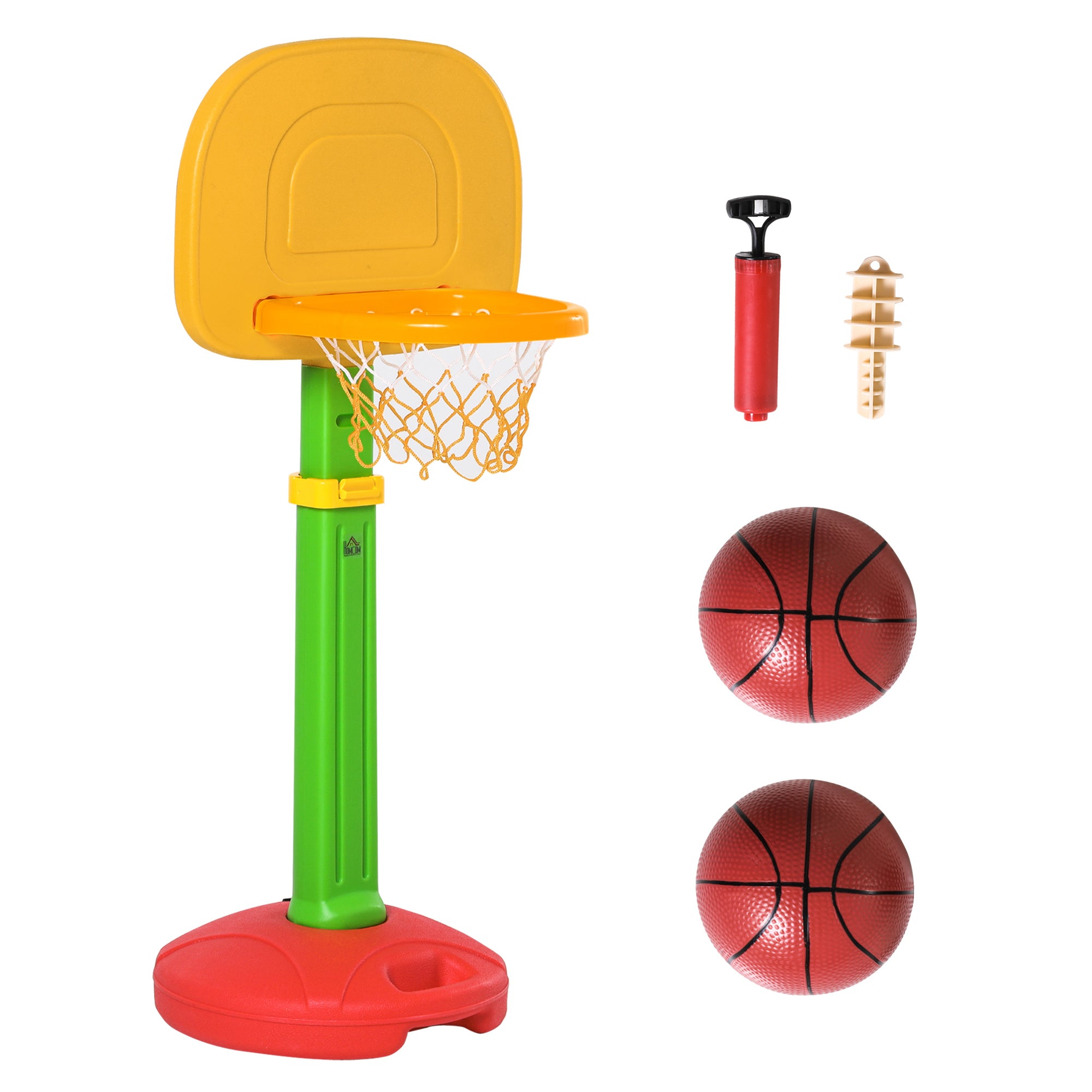 HOMCOM Justerbar Basketballkurv til Børn med 2 Bolde og Luftpumpe til Børn 3+ Indendørs og Udendørs Sportslegetøj 52,5x44x120-160 cm Multicolor