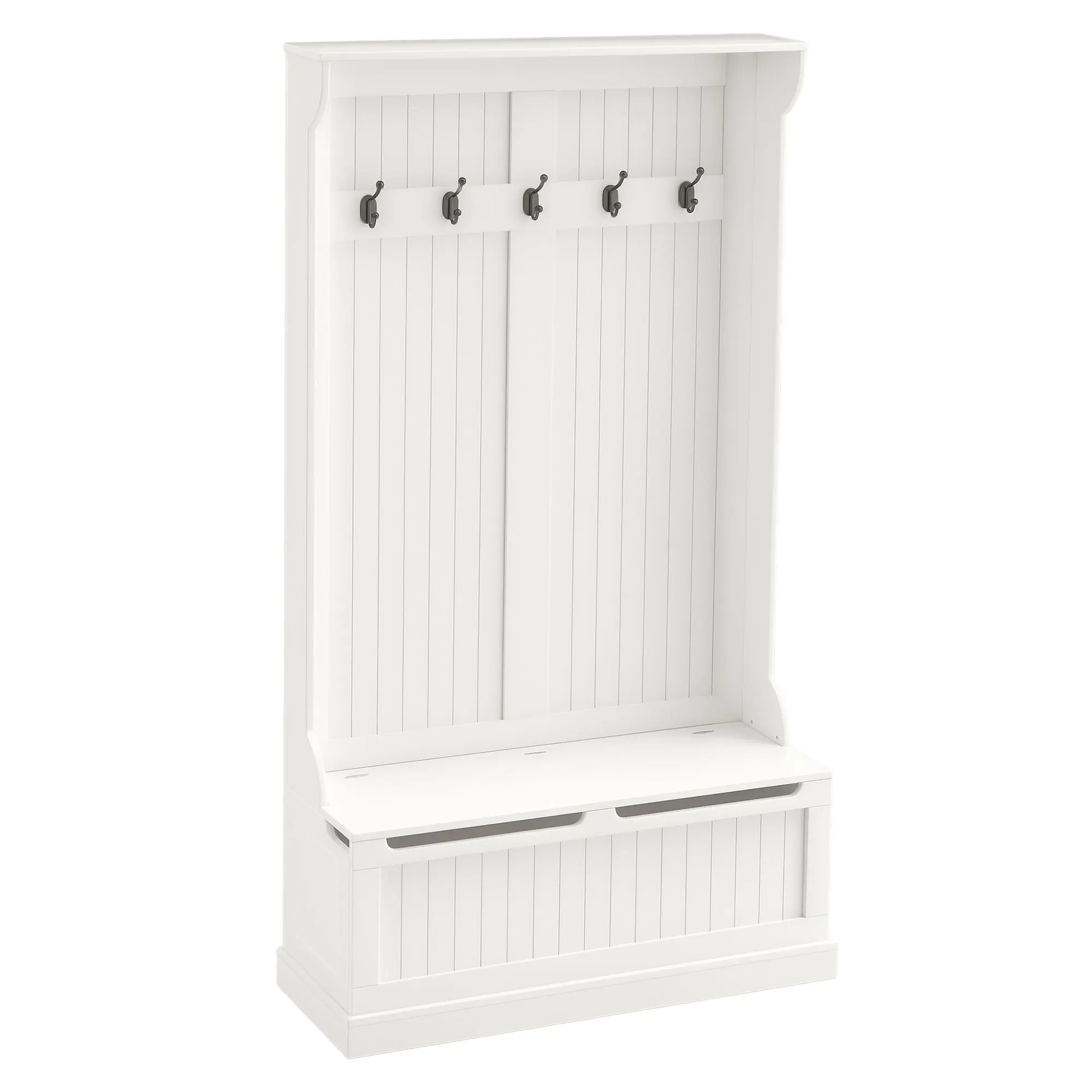 Hall Tree Coat Rack with Storage Bench, Entryway Coat Stand with 5 Double Hooks, Shoe Storage Bench, Anti-Tip Hallway Organiser, Ivory White, 96 x 34 x 179.7 cm