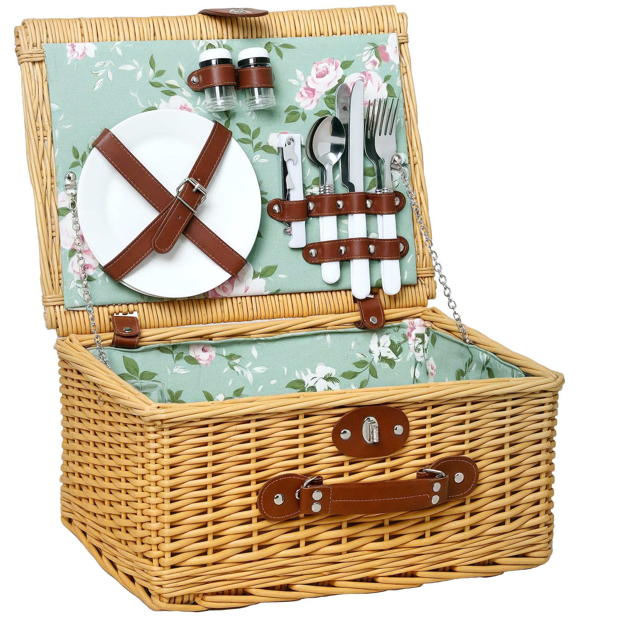Outsunny Kurv til Picnic for 2 med Håndtag, Tallerkener, Glas, Oppettkniv, Servietter og bestik, 40x30x20 cm, Lysebrun