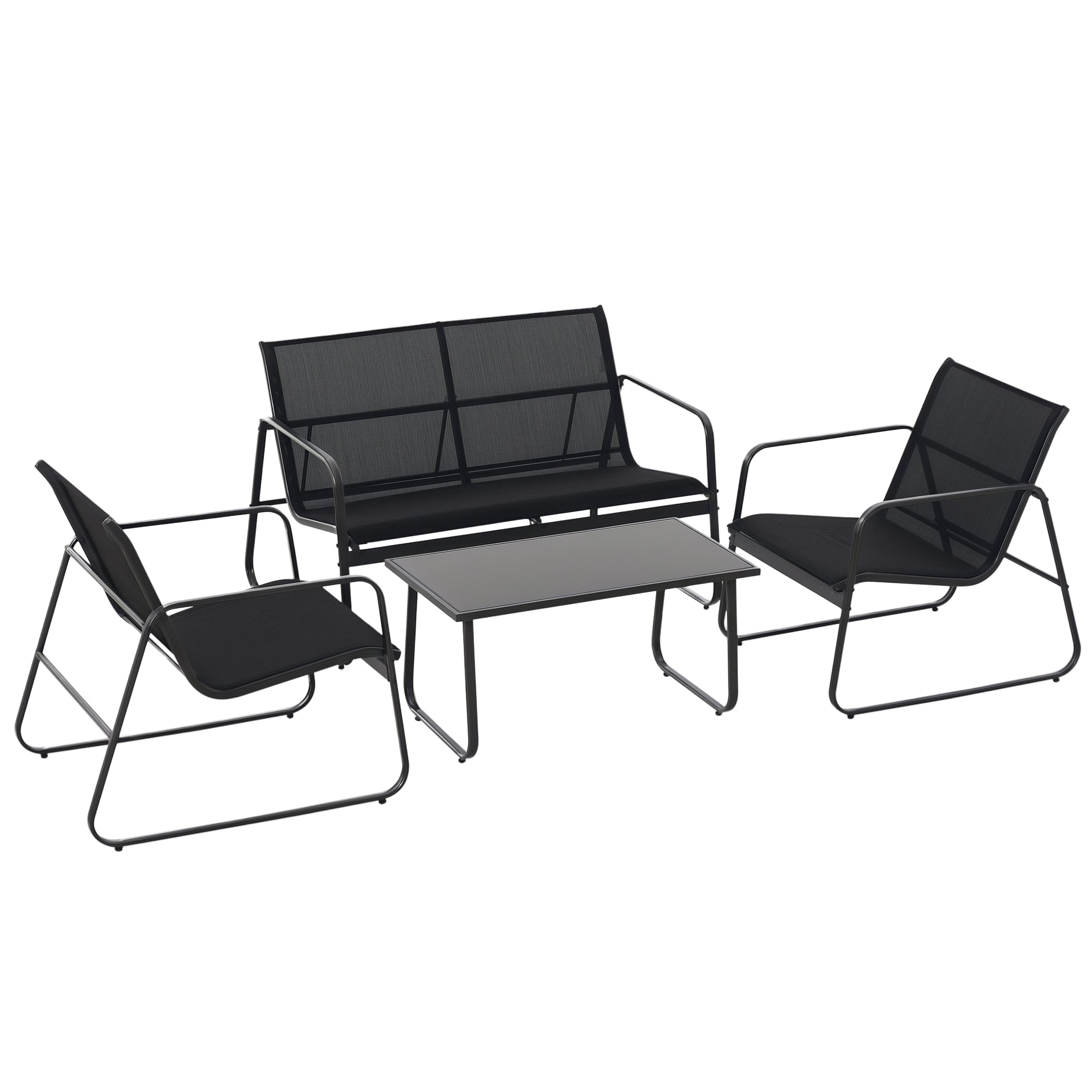 Outsunny Tischset mit Bank und 2 Gartenstühlen, Möbel aus Metall und Texteline, Schwarz