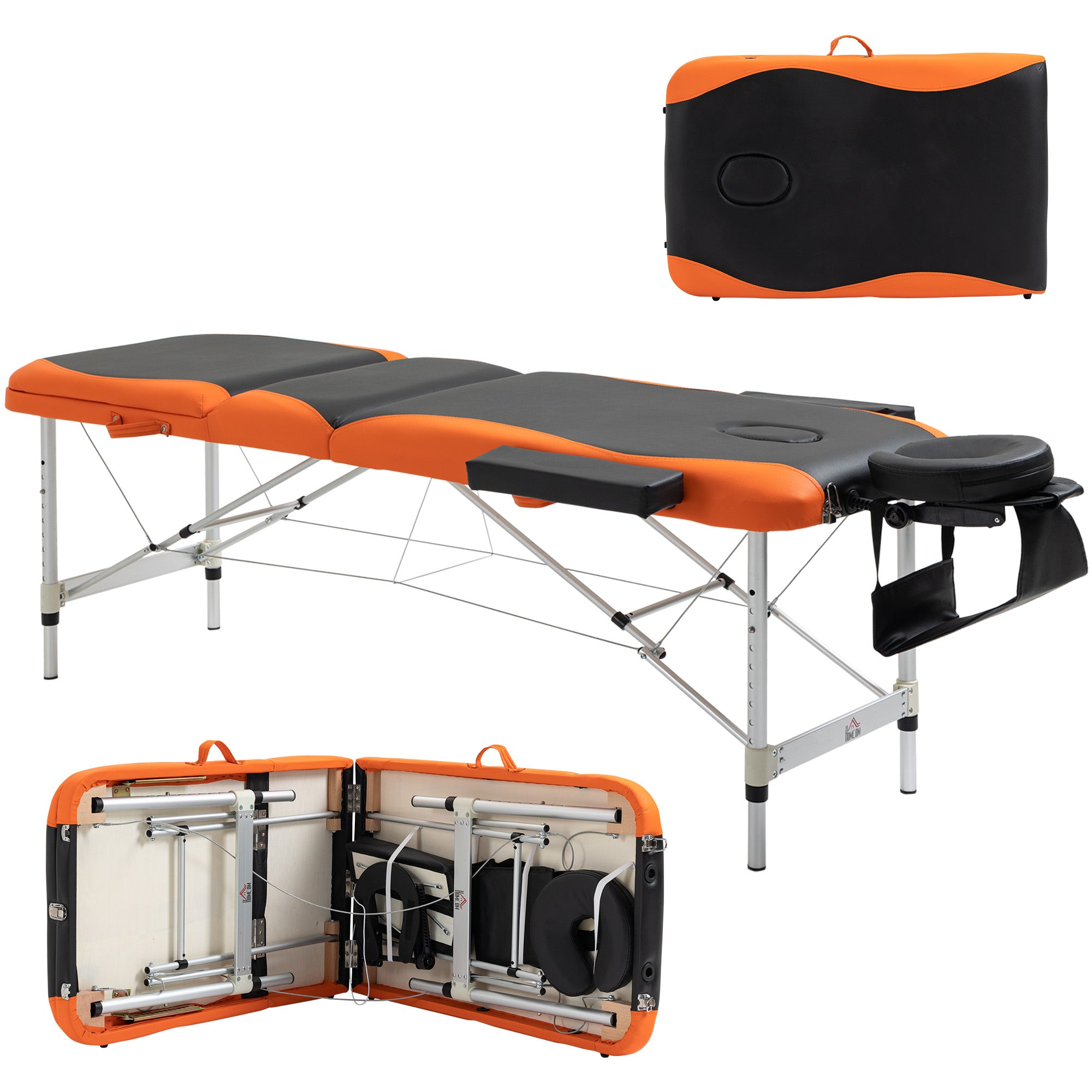 HOMCOM Faltbare Massagebett mat Verstellbarer Héicht, Professionell Massagebett aus Aluminium a Plastik, 215x81x61-84 cm, Schwaarz a Orange