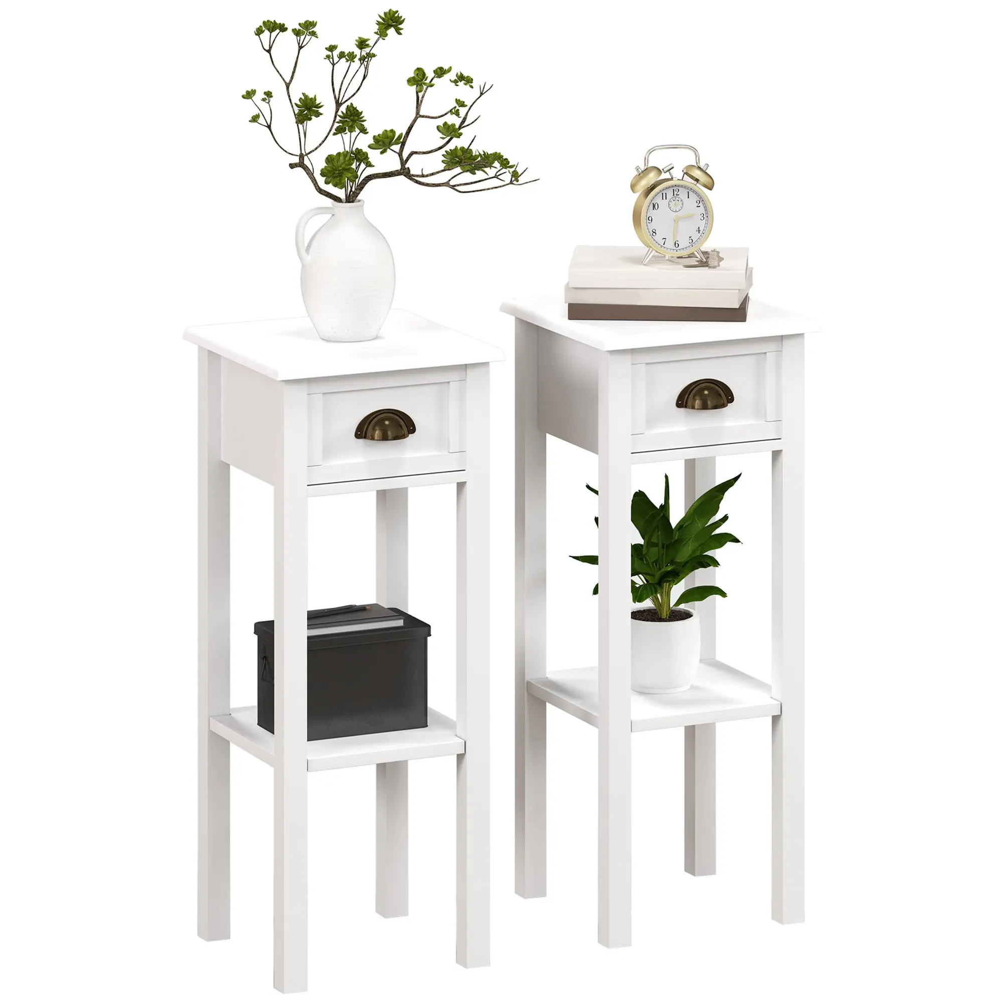 Set of 2 Sophisticated-Style Side Tables with Drawer and Lower Shelf, Wooden End Tables for Living Room or Bedroom, White