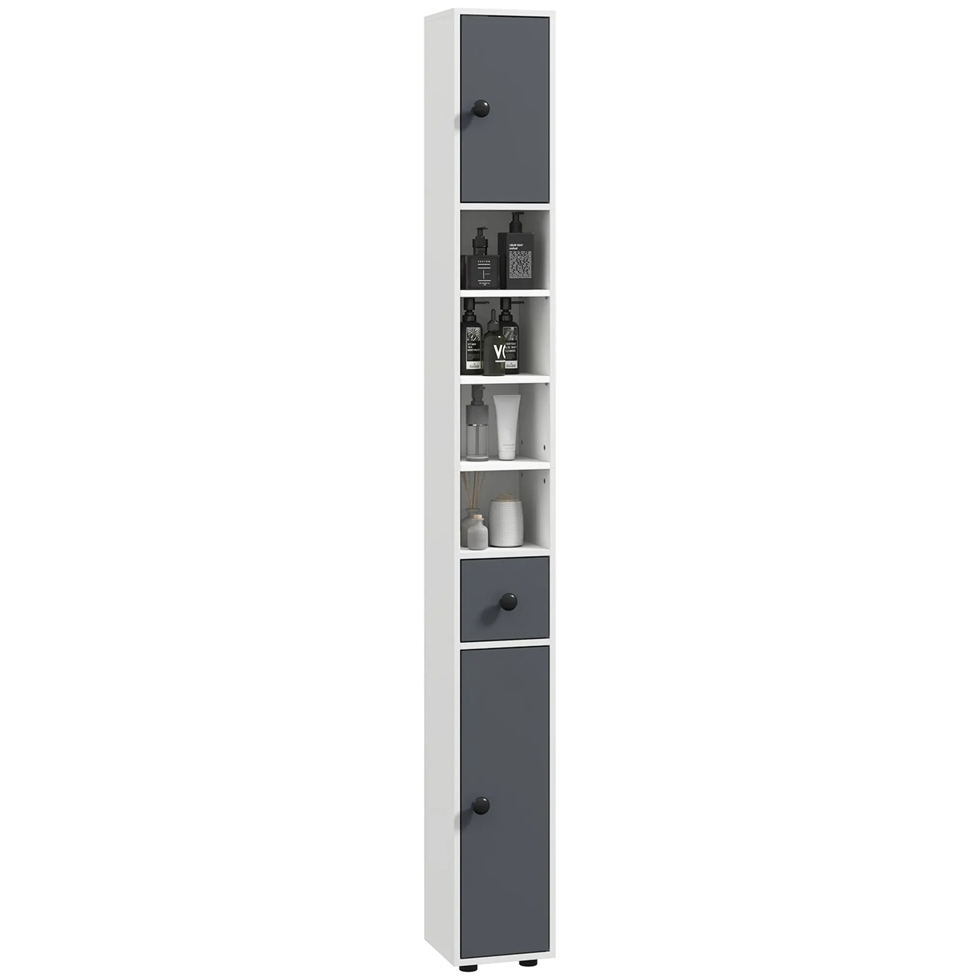Modern Bathroom Column High Cabinet with 1 Drawer 5 Adjustable Shelves and 2 Doors Bathroom Furniture Load 30 kg 20x20x180 cm Gray