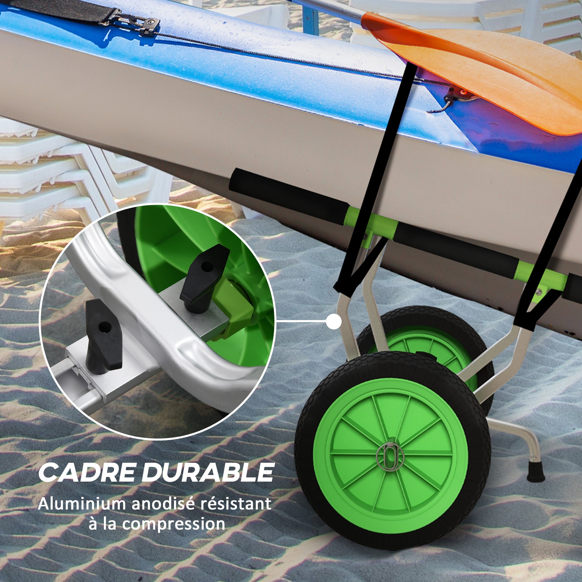 SPORTNOW Kanoe, Kajak, Vozík na Přepravu Paddleboardu s Nastavitelnou Šířkou, Velkými Kolami a Hliníkovým Rámem - 2 Popruhy Součástí Černá Zelená