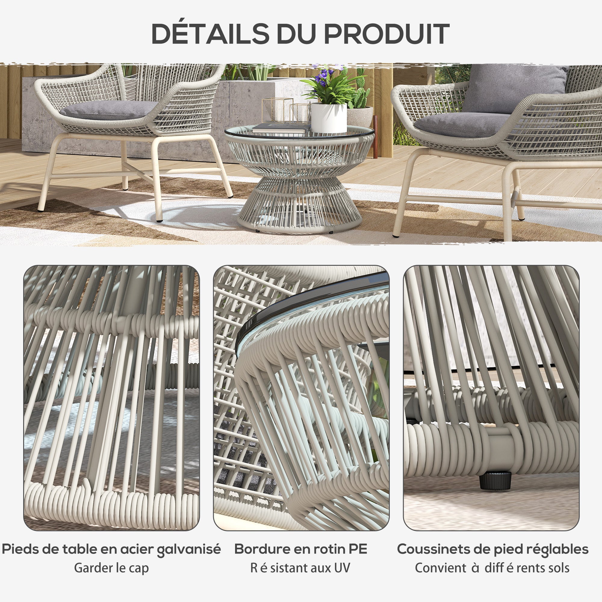 Outsunny Rundes Gartenkaffee-Tisch, Rattan-Look Beistelltisch mit Temperglasplatte Ø60 x 37H cm Hellgrau