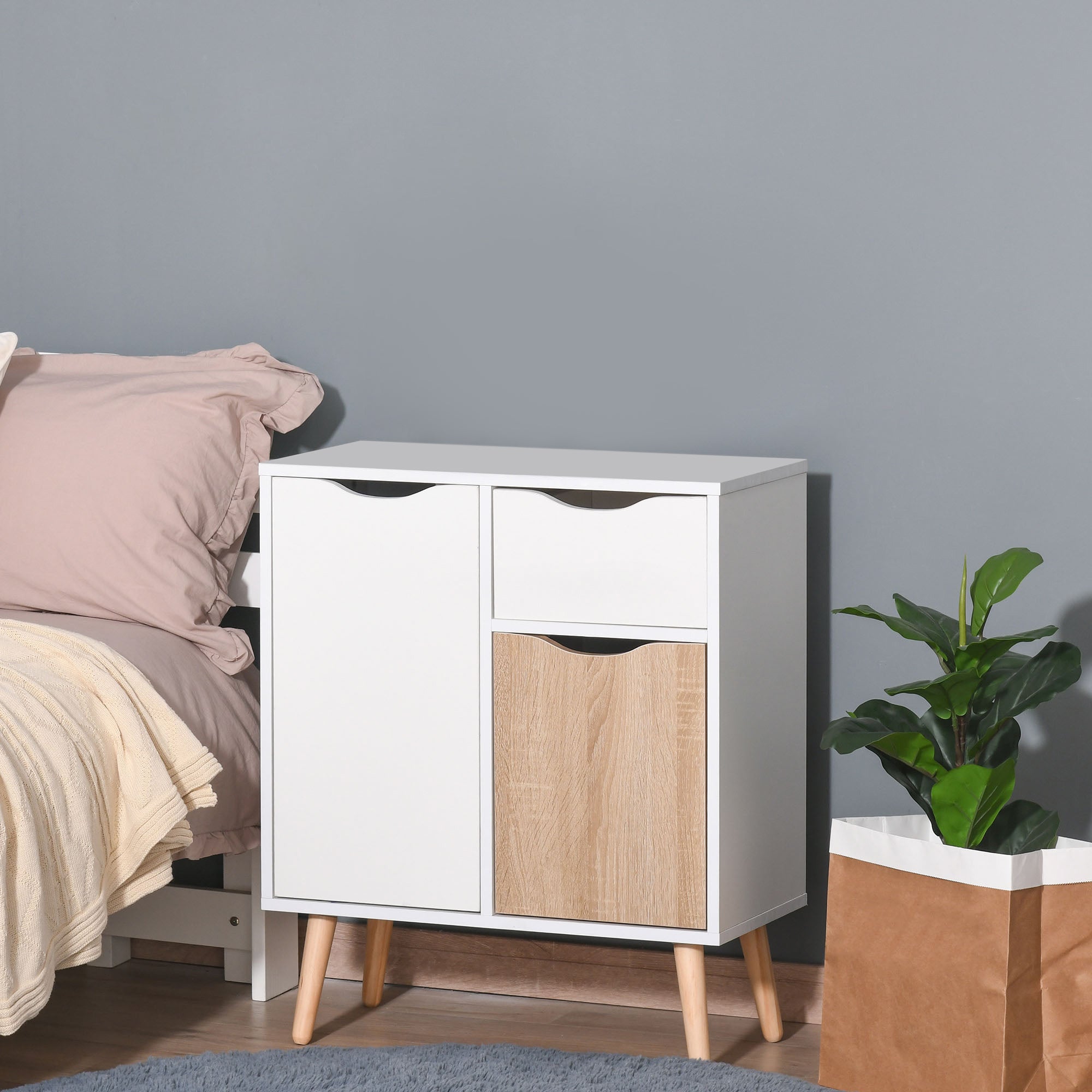 Buffet Storage Furniture Scandinavian Design 2 Cabinets Sliding Drawer White Oak Light