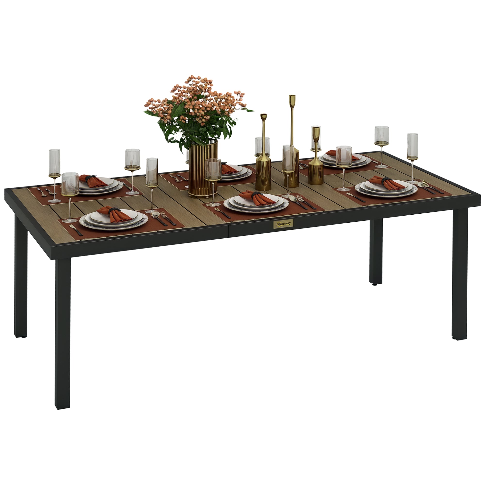 Outsunny Aluminium Uteplats Matbord för 8 Personer med Spröjsad Top för Terrass Balkong 190x90x74 cm Naturlig och svart