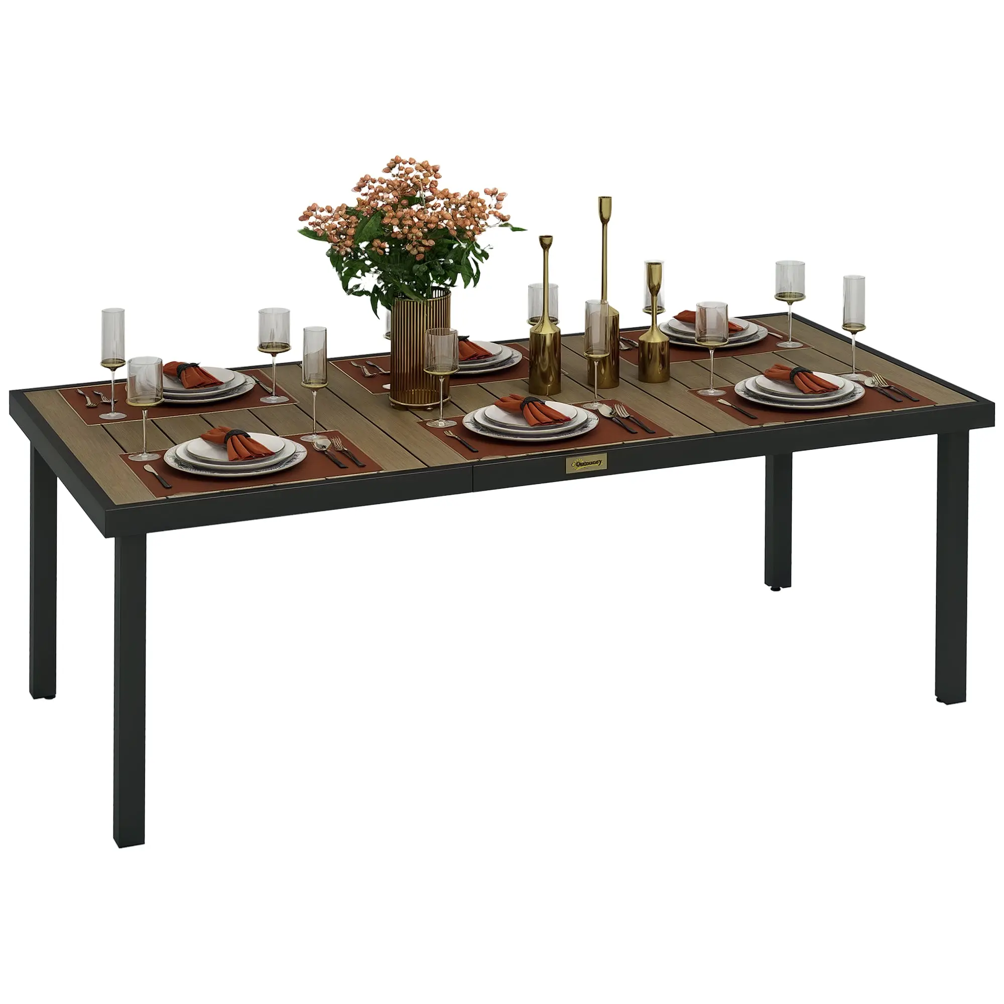 Aluminum Outdoor Dining Table Garden Table for 8 People with Slatted Top for Terrace Balcony 190x90x74 cm Natural and Black