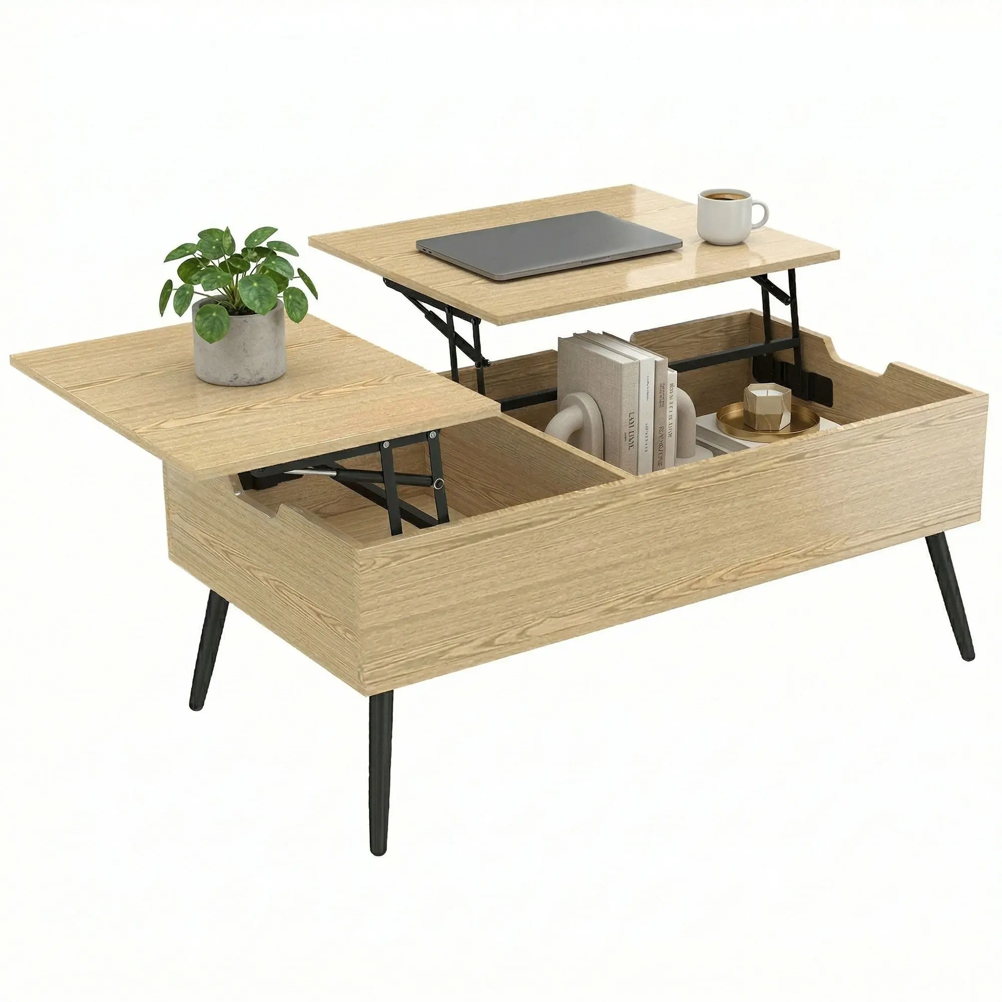 Lift-Top Coffee Table with Dual Adjustable Tops, Hidden Storage, Metal Legs, Modern Style — Living Room/Office, 39.4 x 19.7 x 22.8 in, Natural Wood Effect