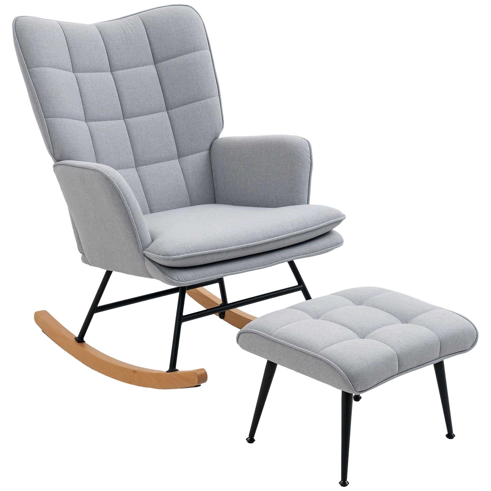 Rocking Armchair with Ottoman, Linen-Look Upholstery, Wide Seat & High Back, Up to 287 lb, Light Gray