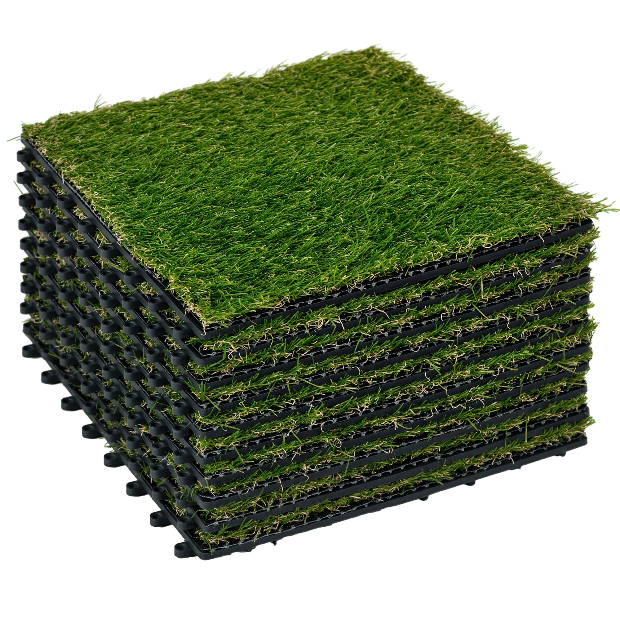 Outsunny 10-teiliges Kunstrasen-Teppich 30x30 cm mit 20 mm Gras höhe UV-beständiger synthetischer Rasen für Garten, Terrasse und Balkon Dunkelgrün