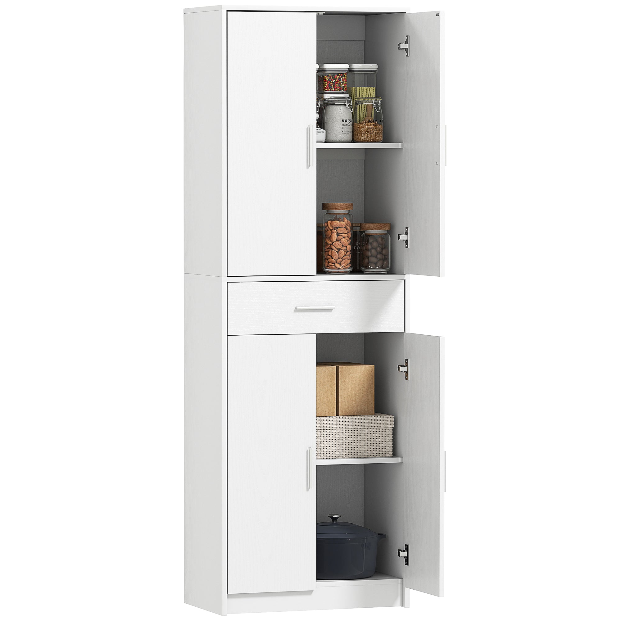 Tall Kitchen Cabinet Pantry Cupboard 4 Door Storage Cabinet with Drawer Adjustable Shelves Freestanding Buffet Cabinet Scandinavian White