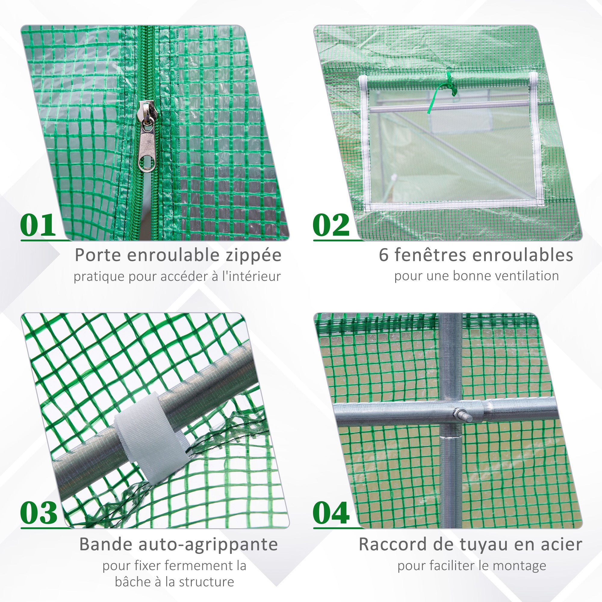 Garden Tunnel Greenhouse Ground Area 10.5 m? 3.5 x 3 x 2 m Reinforced Tubular Frame Zippered Door 6 Roll-up Windows Green