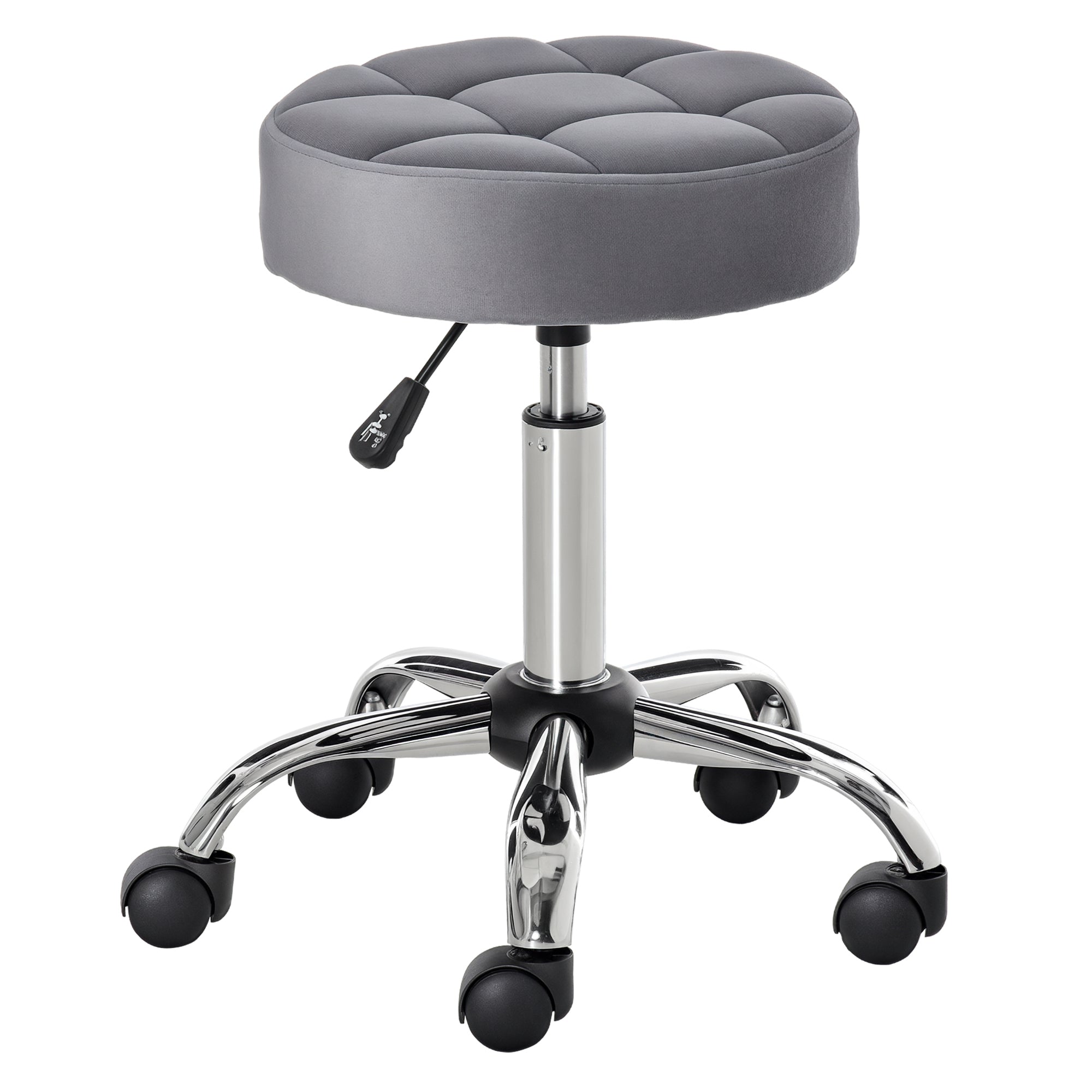 HOMCOM Friseurstuhl mit Rollen Höhenverstellbarer Drehhocker Velours Weichschaum Chromfuß Hellgrau 35 x 35 x 49-61 cm