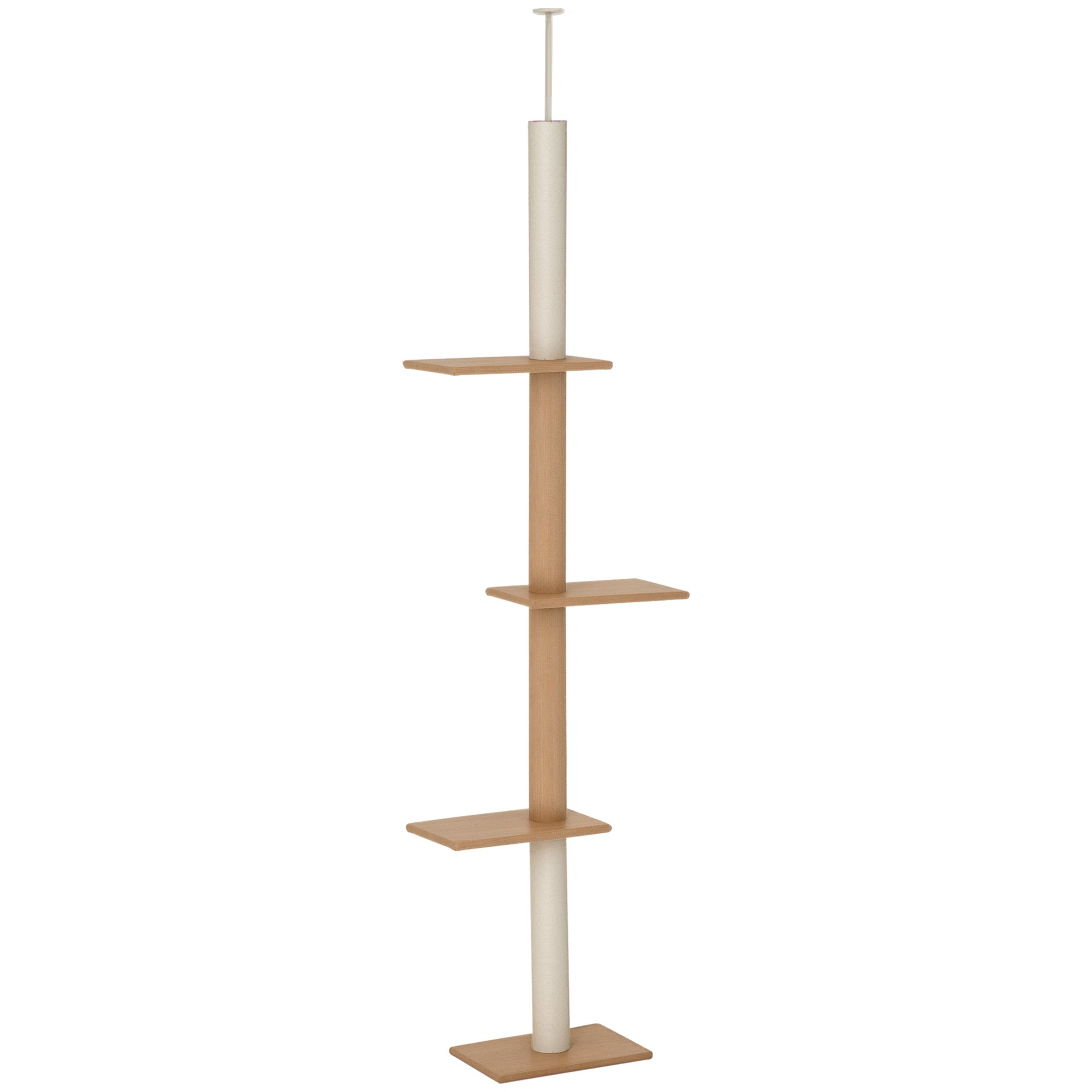PawHut Floor to Ceiling Cat Tree 228-260cm Adjustable Height Cat Scratching Post Tower with 4 Platforms, Space Saving Vertical Cat Climbing Tree, Tension Pole Design, Khaki