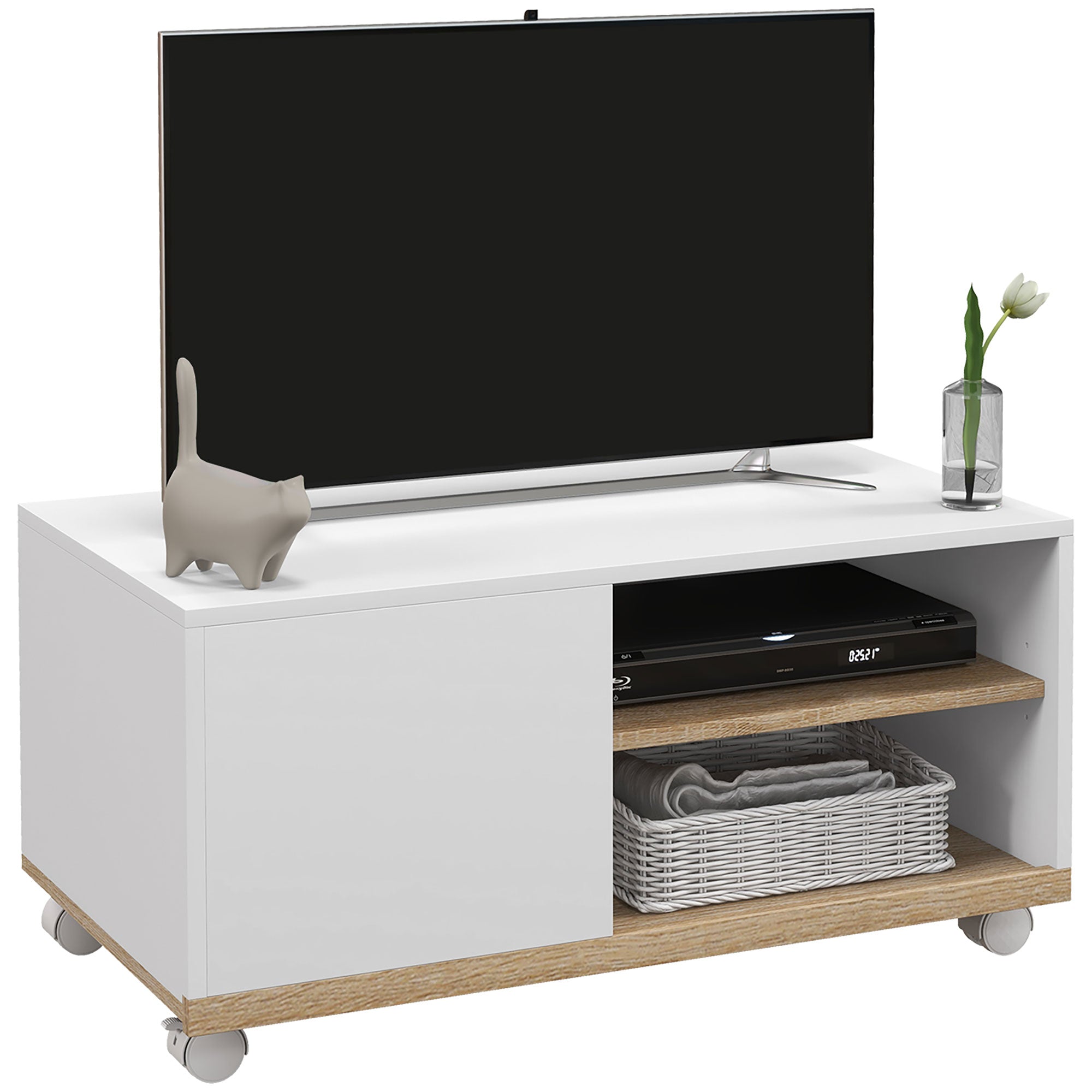 HOMCOM Kaasaegne TV-alus Ratastega kuni 42-tollistele Telele, Elutoa TV-alus 1 Ukse ja 2 Panipaigaga 80x45x39,5 cm Valge