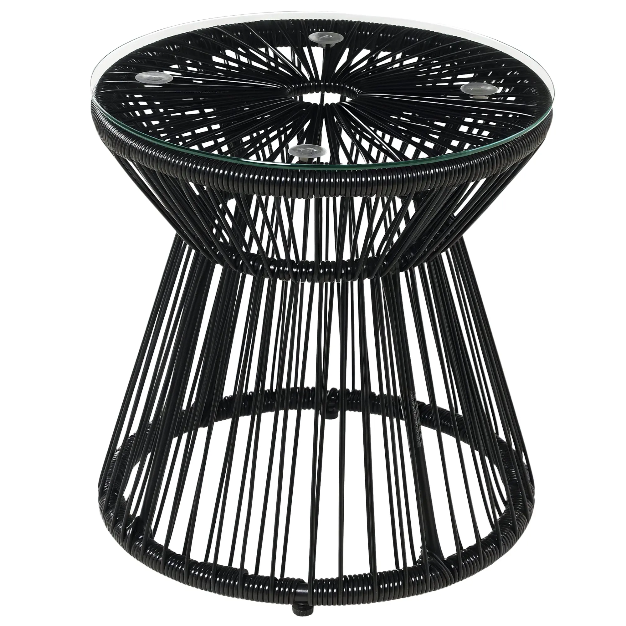 Side Table made of PE Rattan round Coffee Table with Glass Tabletop Tray Garden Table, Hollow Drum design, Outdoor Furniture Coffee Table End Table for Garden Patio Balcony, 40x40x42cm, Black