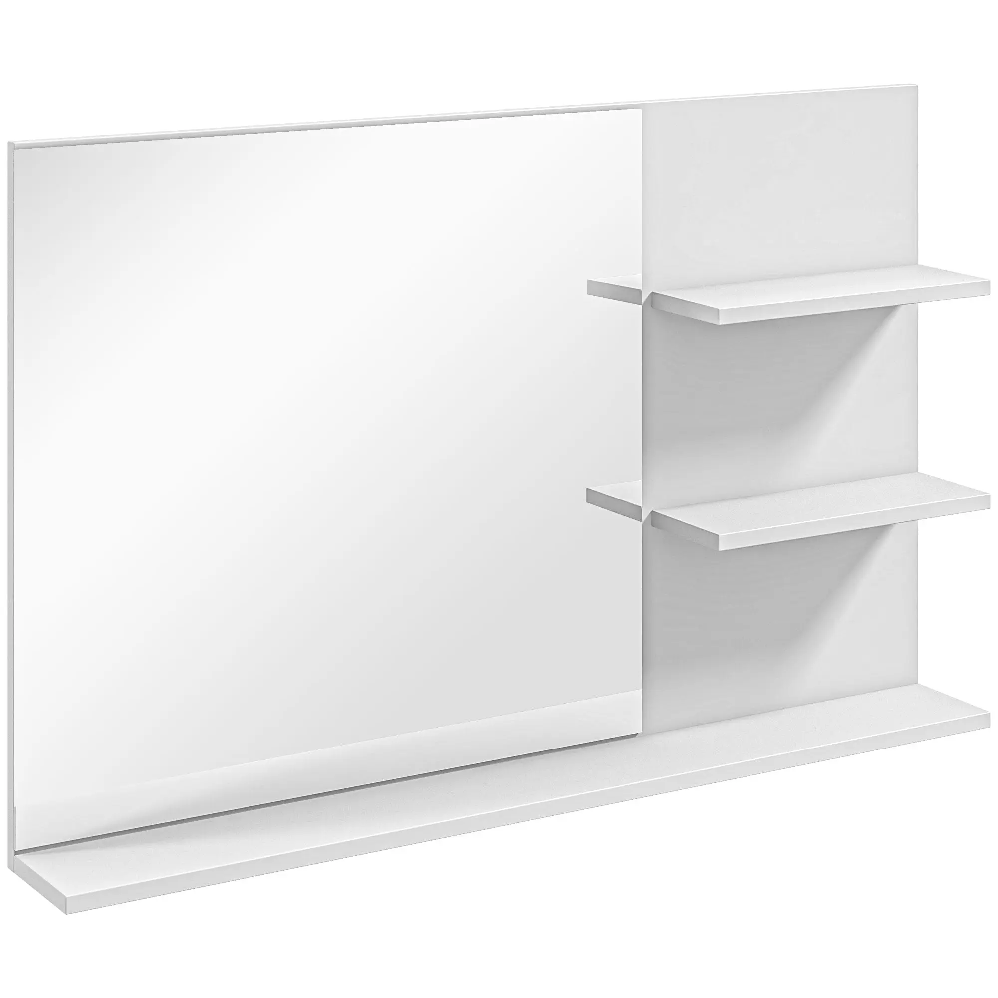 Modern Bathroom Mirror with 2 Side Shelves and Bottom Shelf, Wall Mirror in MDF and Glass, 75x10x48 cm, White