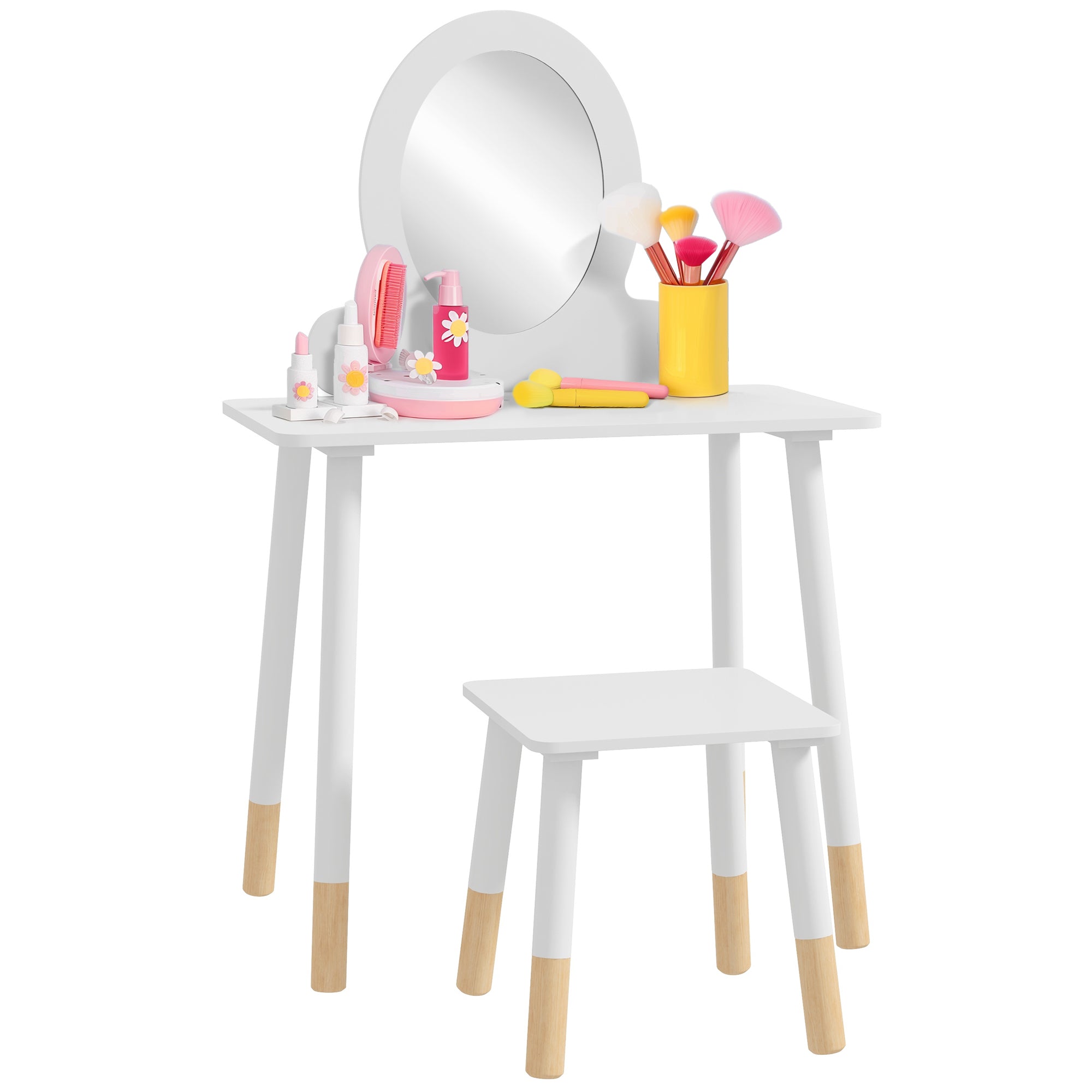 Otroška toaletna mizica AIYAPLAY z taburejem – Otroški make-up set za deklice od 3. leta z varnim ogledalom in preprostim belim dizajnom