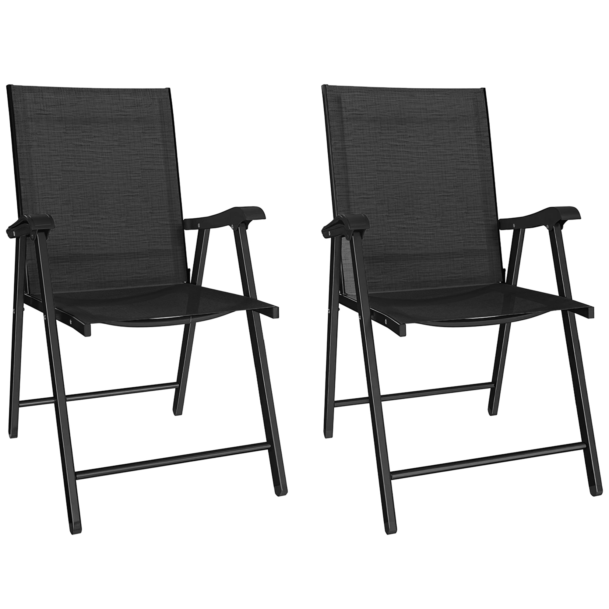 Outsunny 2er-Set Klapp-Gartenstühle, faltbar, hoher Rücken & Armlehnen für Garten, Balkon, Terrasse – Stahlgestell, schwarzes Textilene, 58 x 62 x 97 cm